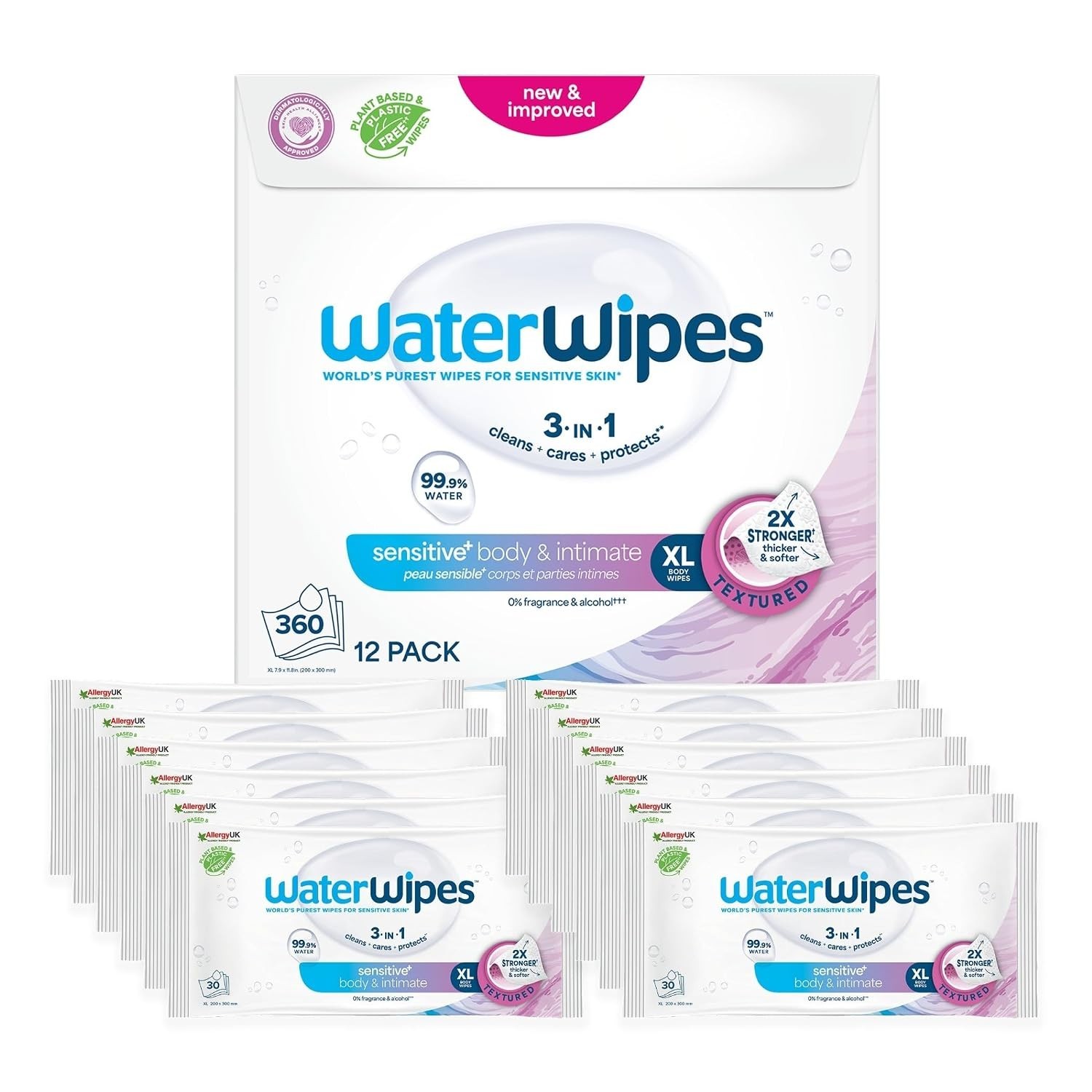 Adult Care Sensitive+ Body Wipes, 99.9% Water, 12 Packs