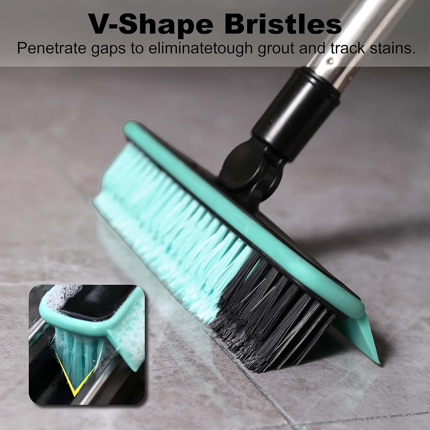 Grout Cleaner Brush with Long Handle, V-Shaped Floor Scrub Brush Swivel Grout Br