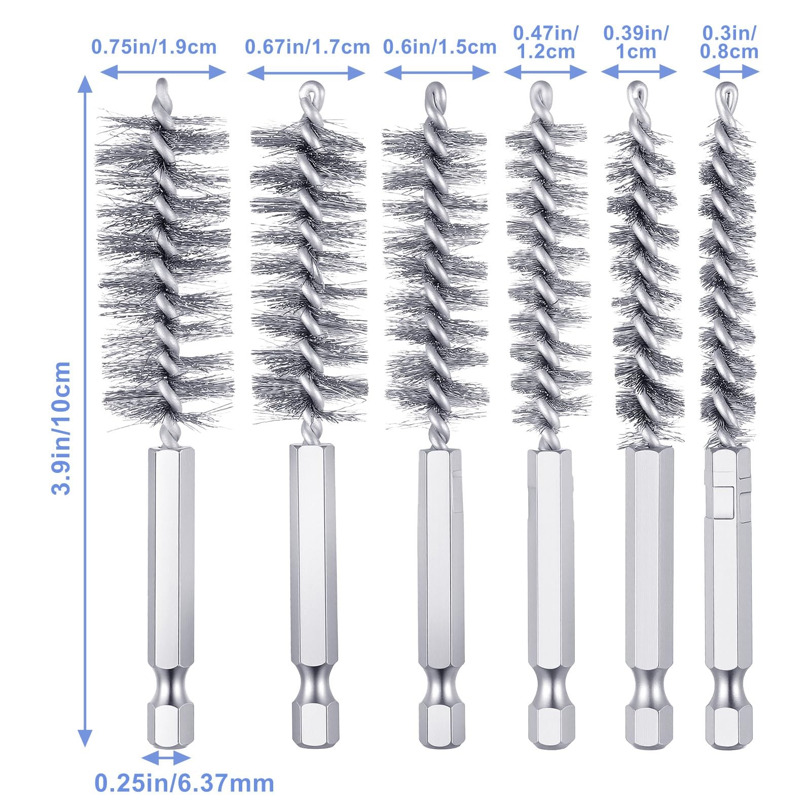 6 Pcs Stainless Steel Bore Brush Twisted Wire Drill Brush with 1/4″ Hex Shank