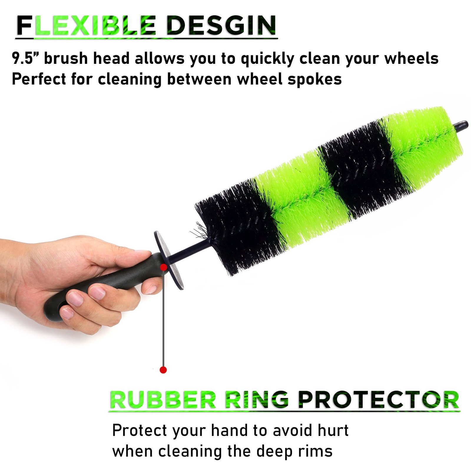 Wheel & Tire Brush Long Soft Bristles for Rims Wheel Wells Exhaust Tips Green