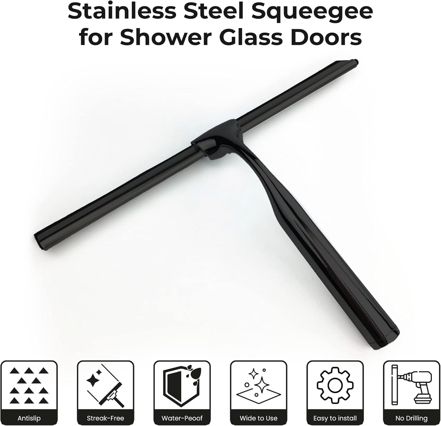 Matte Black Shower Squeegee for Glass Doors with Adhesive Hooks, Squeegee for Sh