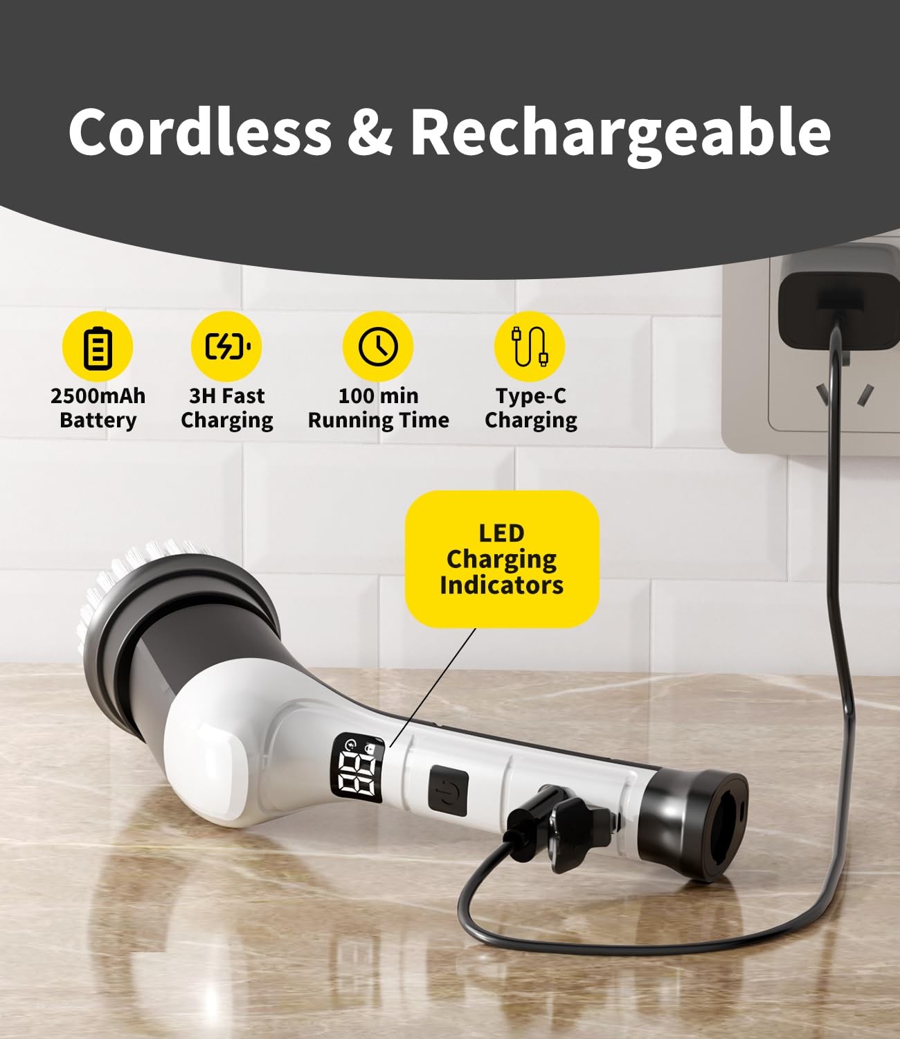 Cepillo Eléctrico USB C Recargable Para Limpiar Lavar El Baños Restregar Pisos
