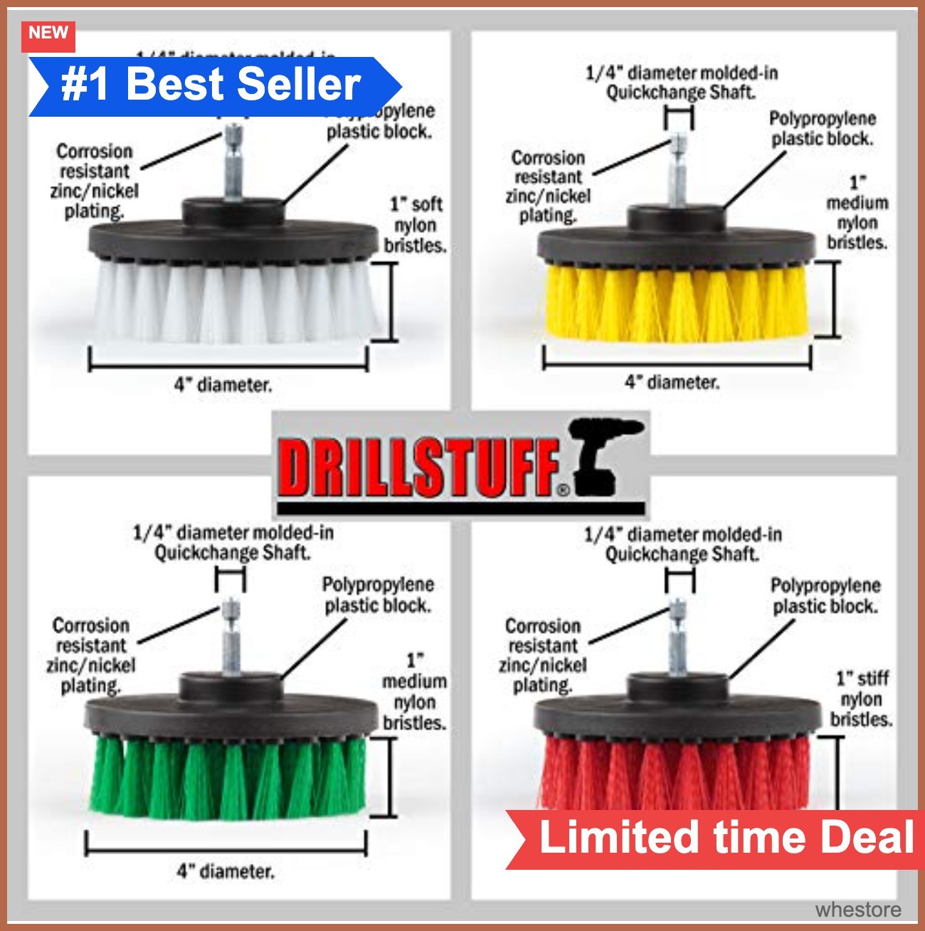 Drill Brush Attachment Power Scrubber 4 Piece Set Soft Medium Stiff Nylon 4