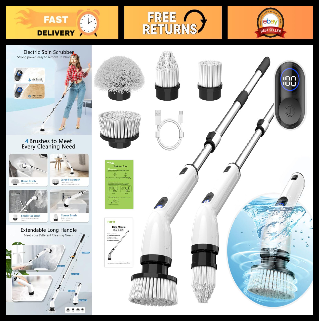 Cordless Electric Spin Scrubber – IPX7 Waterproof Bathroom Cleaner, Adjustable H