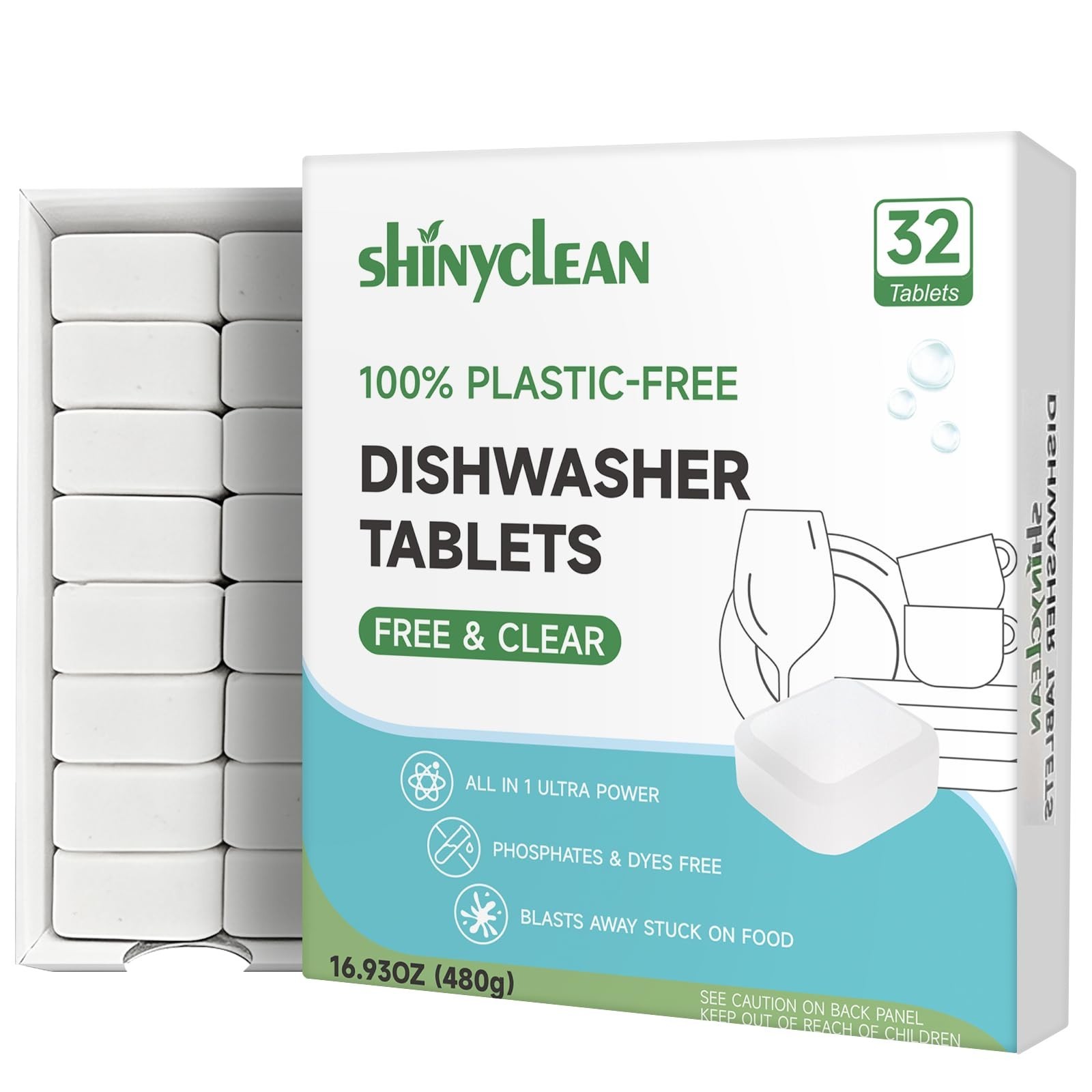 Plastic-Free Dishwasher Tablets 32 Count | All-in-One Pods, Enzyme-Powered, Phos