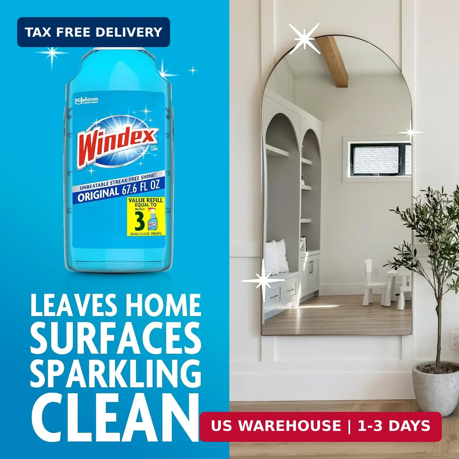Windex Refill Glass and Window Cleaner Bottle, Bottle Made from 100% Recycled Pl
