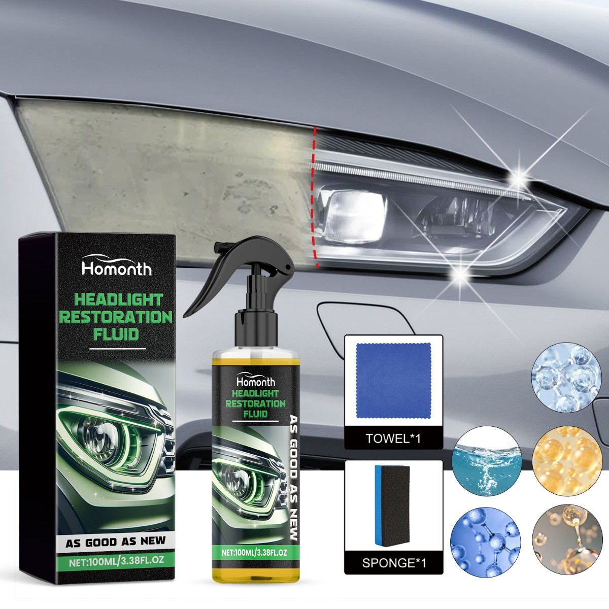 Headlight Restoration Kit for Scratches & Yellowing, Car Lens Polish & Cleaner