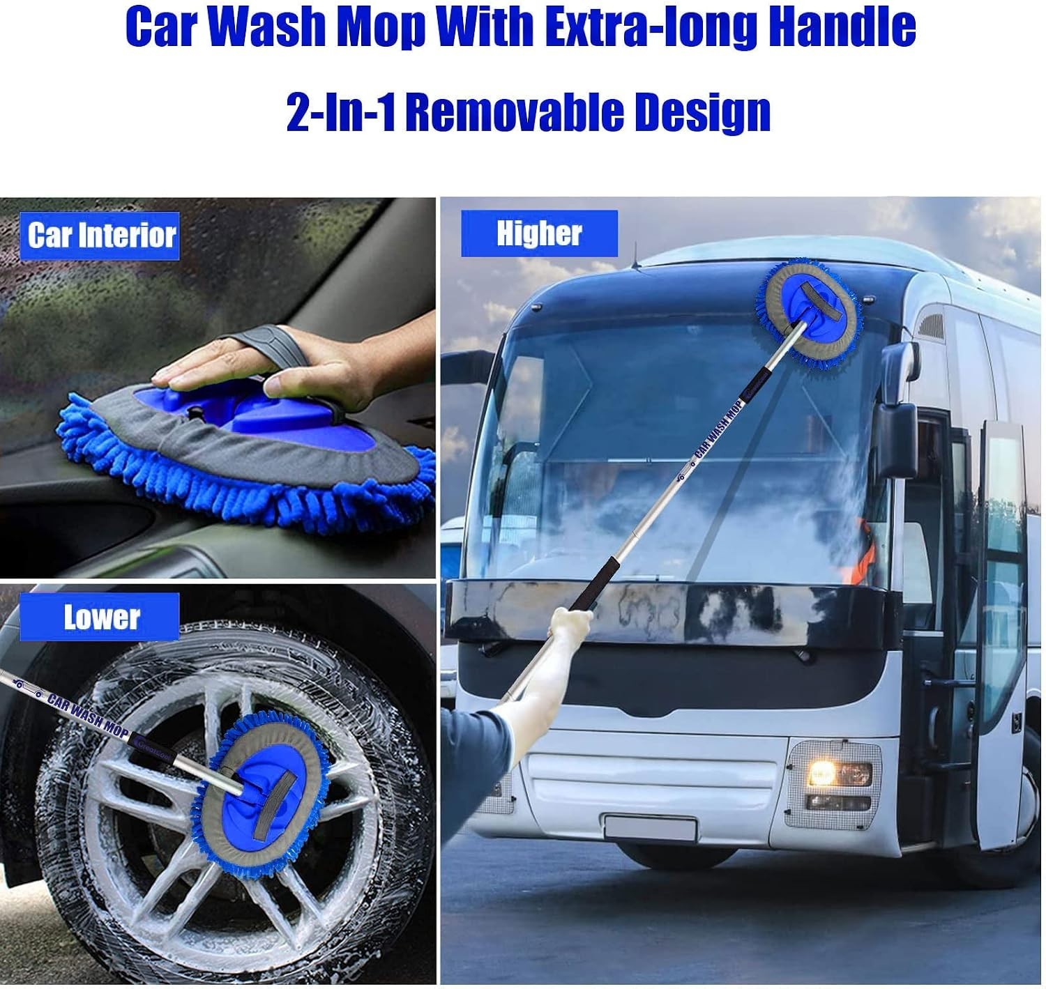 62″ Car Wash Brush Mop Kit with Long Handle, 2 in 1 Cars Truck SUV RV Caravans a