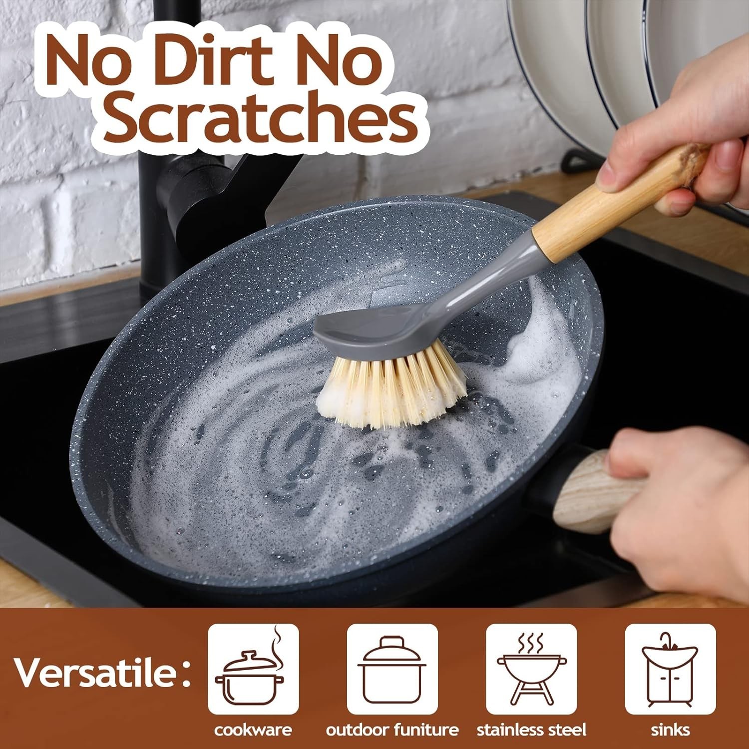8 Pieces Kitchen Dish Brush with Bamboo Handle Scrub Brush Built in S…