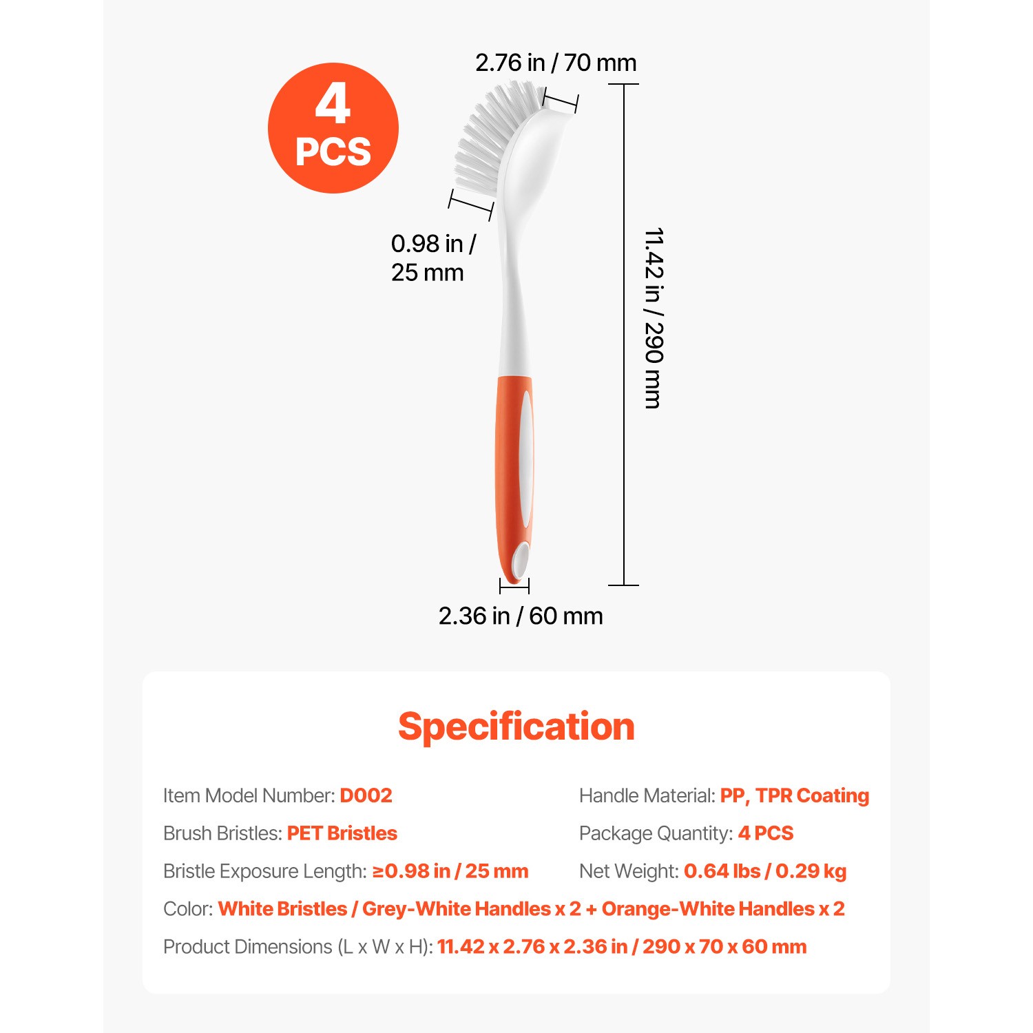 Uimoso Set of 4 Kitchen Scrub Brushes with PP Handle – 2 Gray & 2 Orange