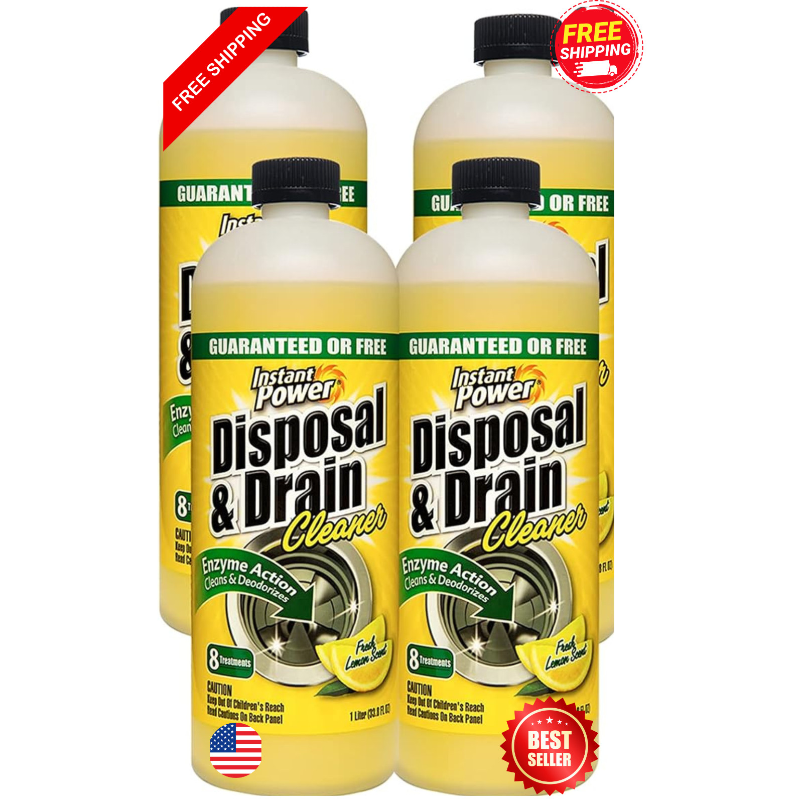 Instant Power Drain Cleaner 4 Pack, Enzyme Clog Remover, Lemon Scent, 1L
