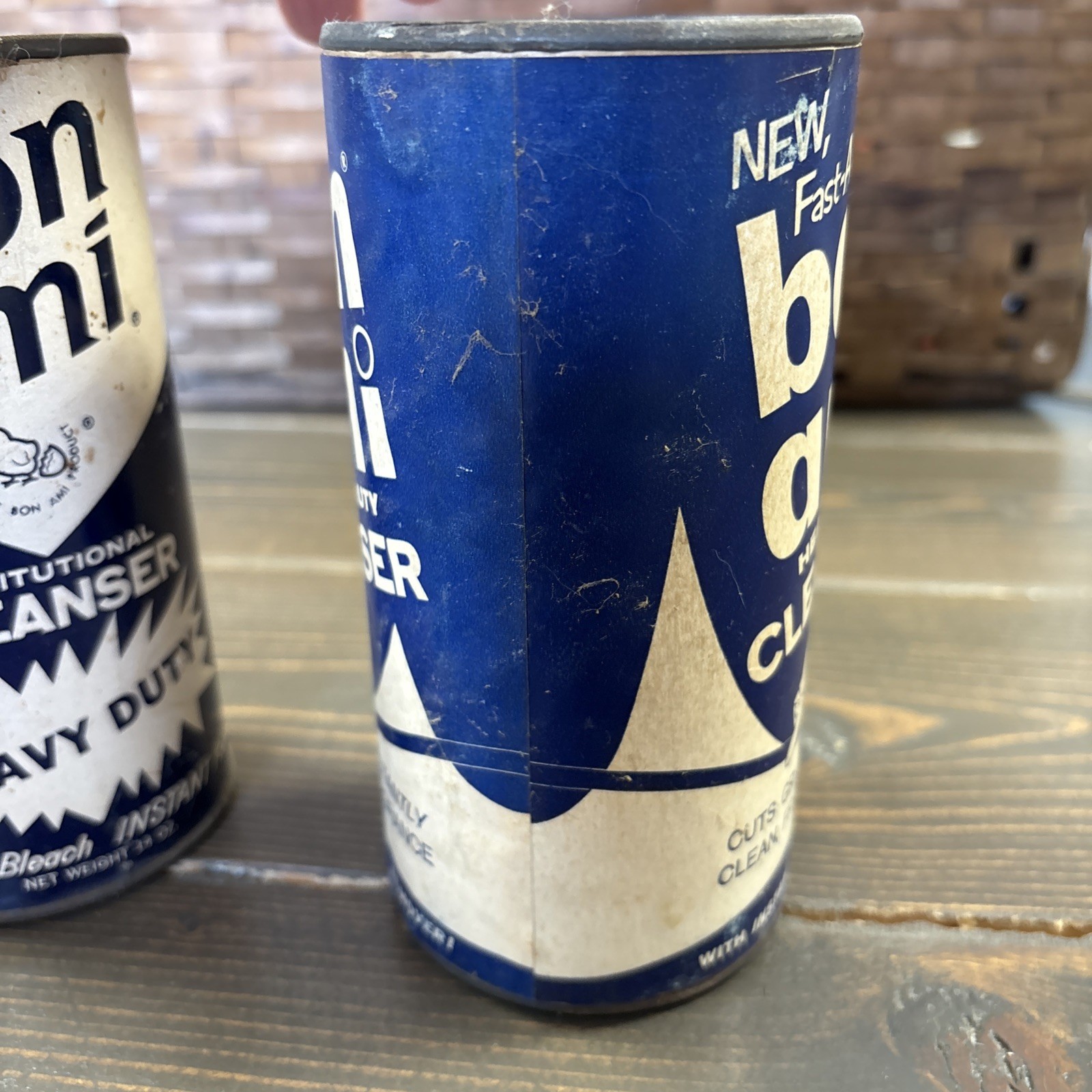 2- 1950s Bon Ami Cleanser Cans Institutional Cleanser Blue Advert Vintage FULL