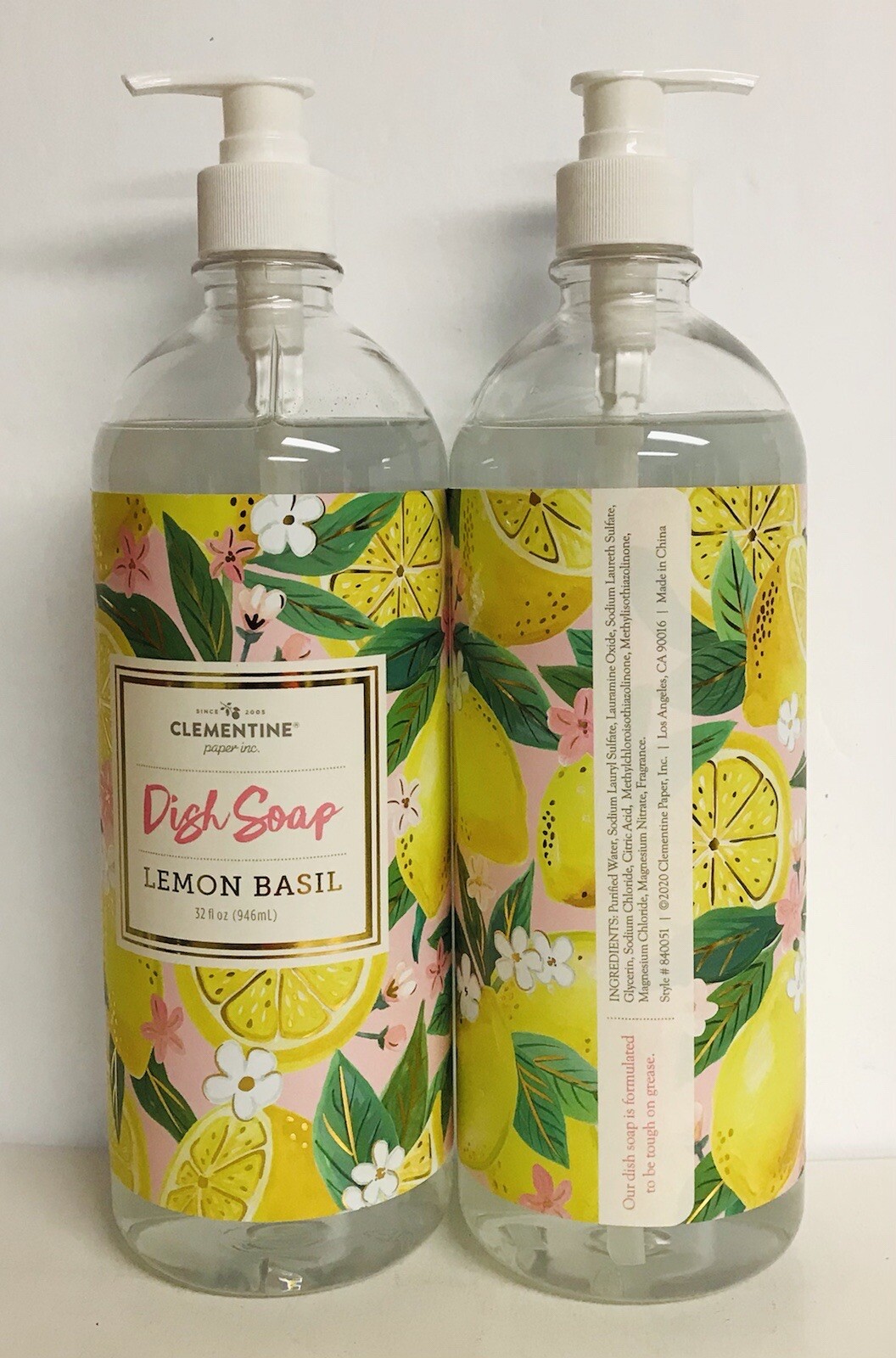 2 Bottles Clementine ~ Lemon & Basil Dish Soap 32 fl oz Each