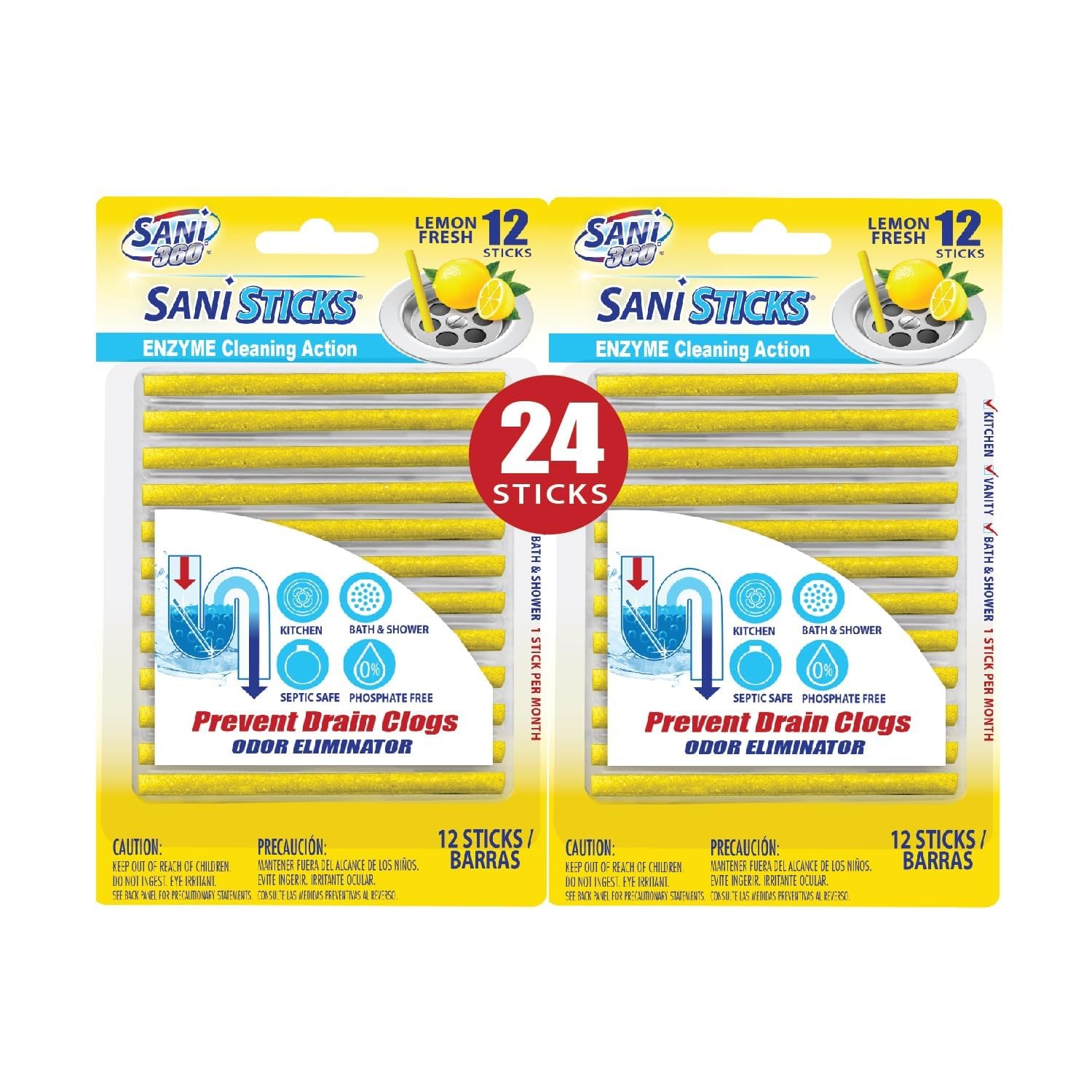 SANI 360° Sani Sticks Drain Cleaner and Deodorizer 24 Count Lemon Scent Enzyme