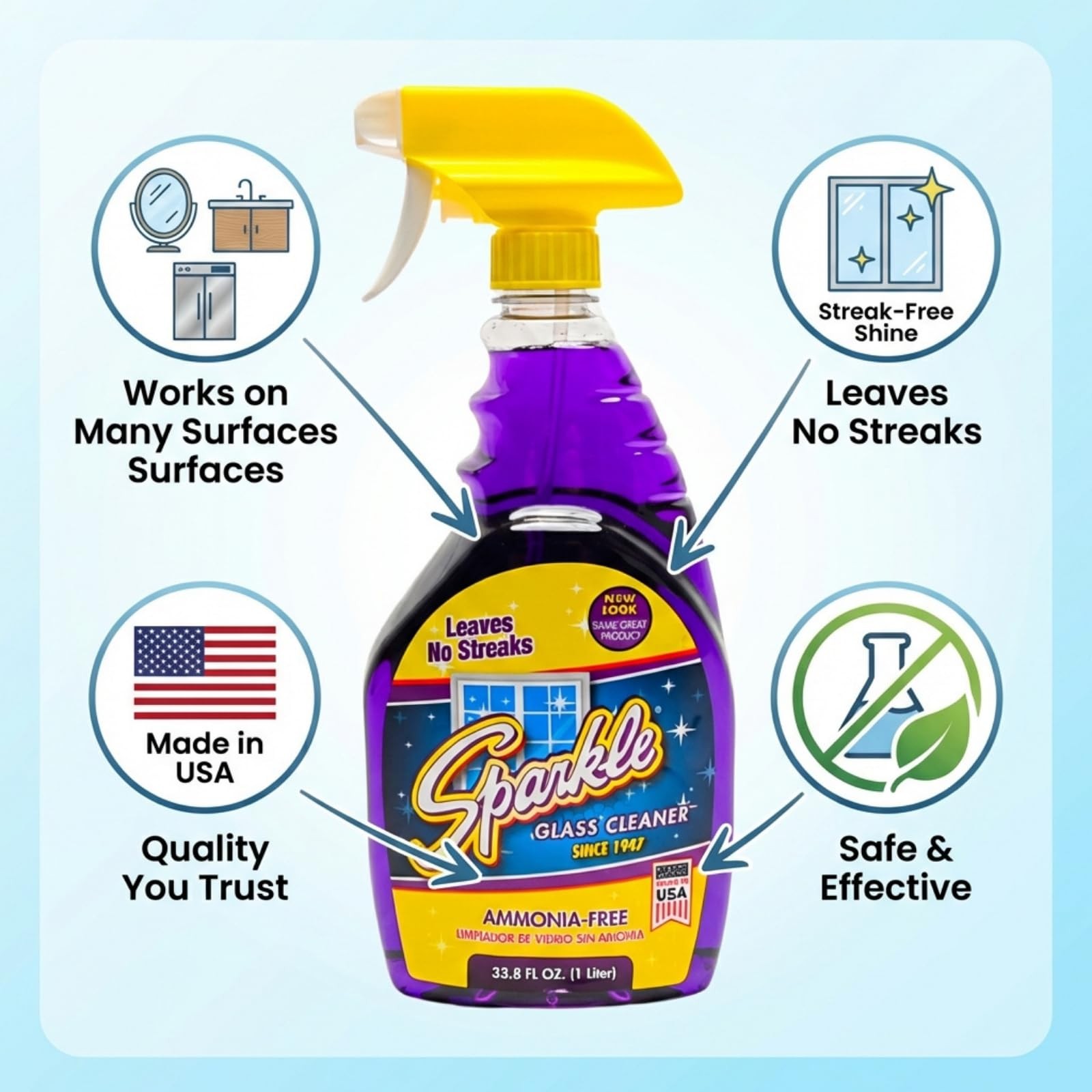 Glass Cleaner, Ammonia-Free Streak-Free Formula, 33.8 fl oz Spray Bottle, Saf…