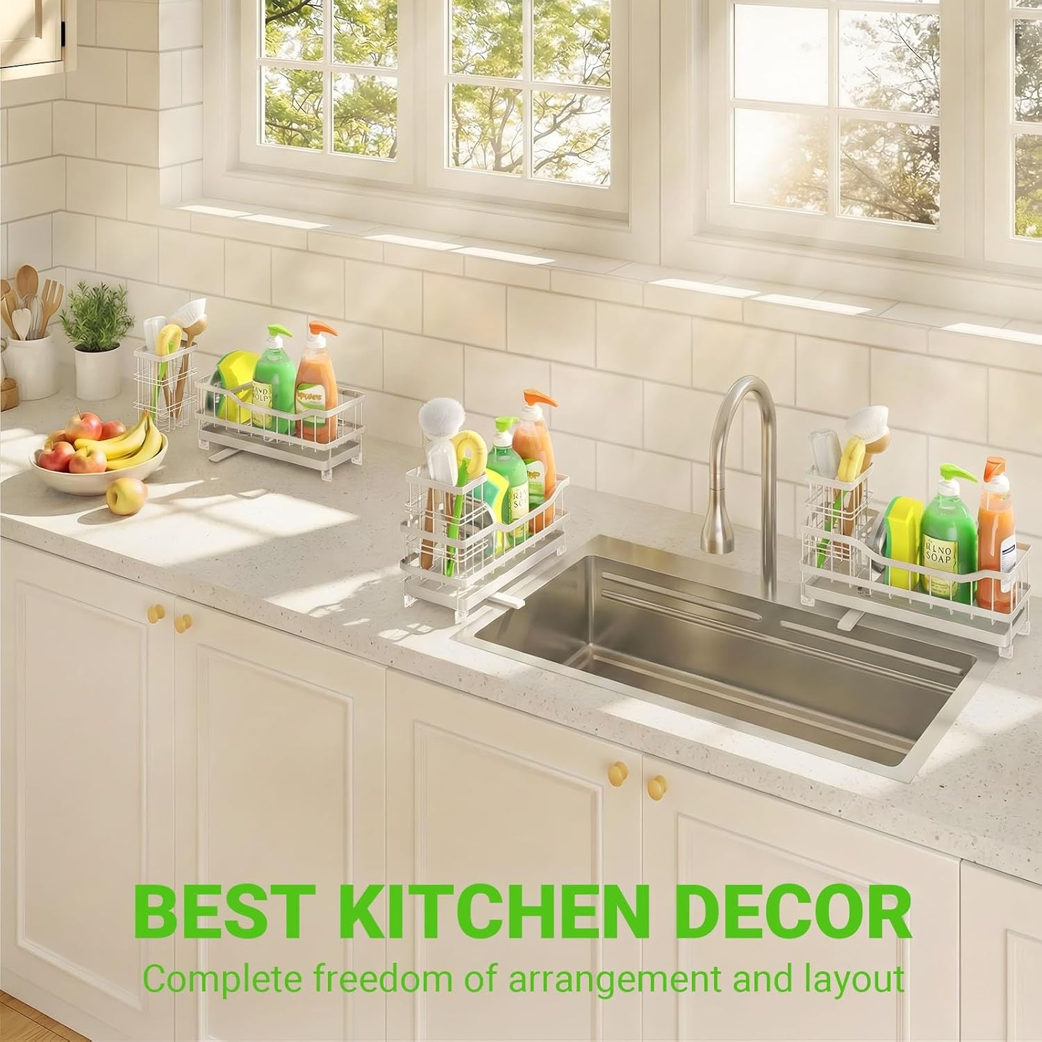 Sponge Holder for Kitchen Sink, Rustproof Sink Caddy Organizer with Dish Brush