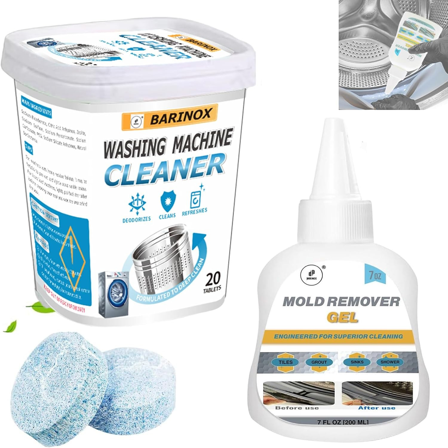 Bundle – Washing Machine Cleaner Tablets (20 Pack) & 7 Oz Mold Remover Gel | Dee