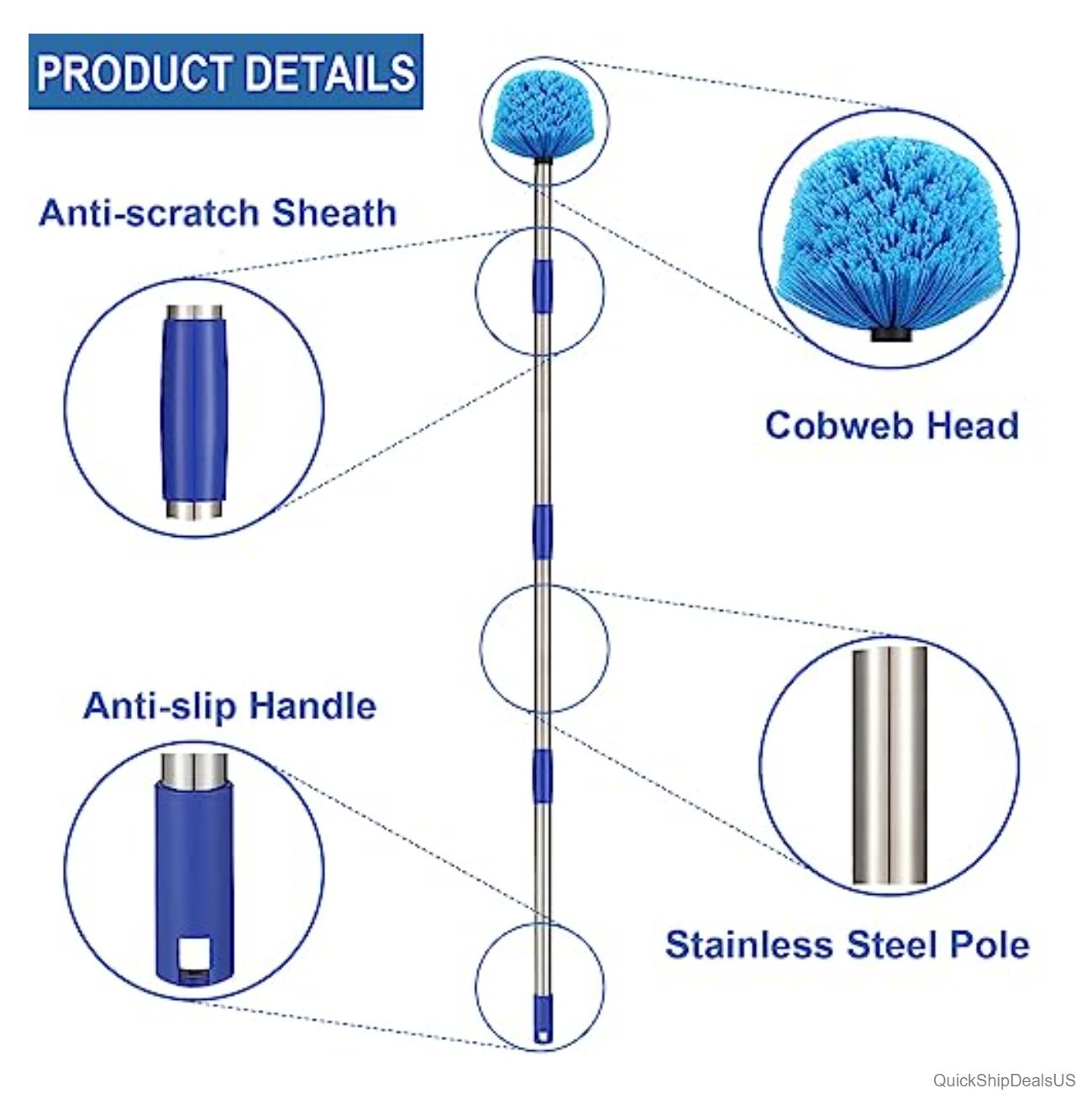 Cobweb Duster with Pole 4ft Stainless Steel Medium-Stiff Bristles Brush for