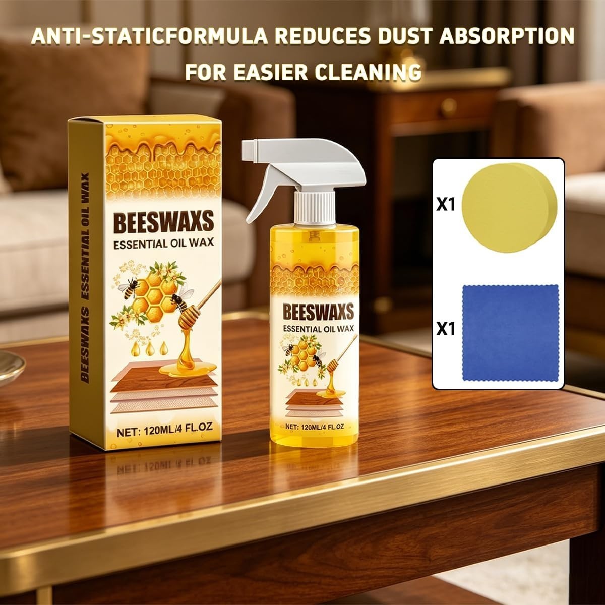 Beeswax Wood Polish Spray, Natural Furniture Cleaner & Restorer, Removes Scra…