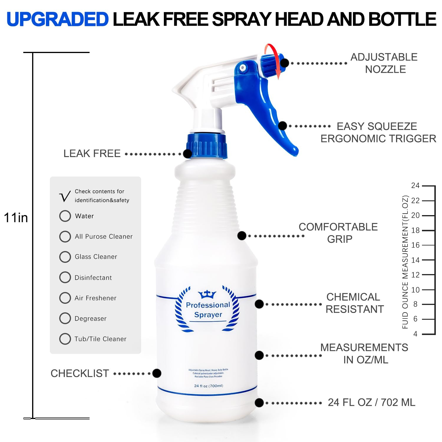 Plastic Spray Bottles 4 Pack, 24 Oz, All-Purpose Sprayer for Cleaning