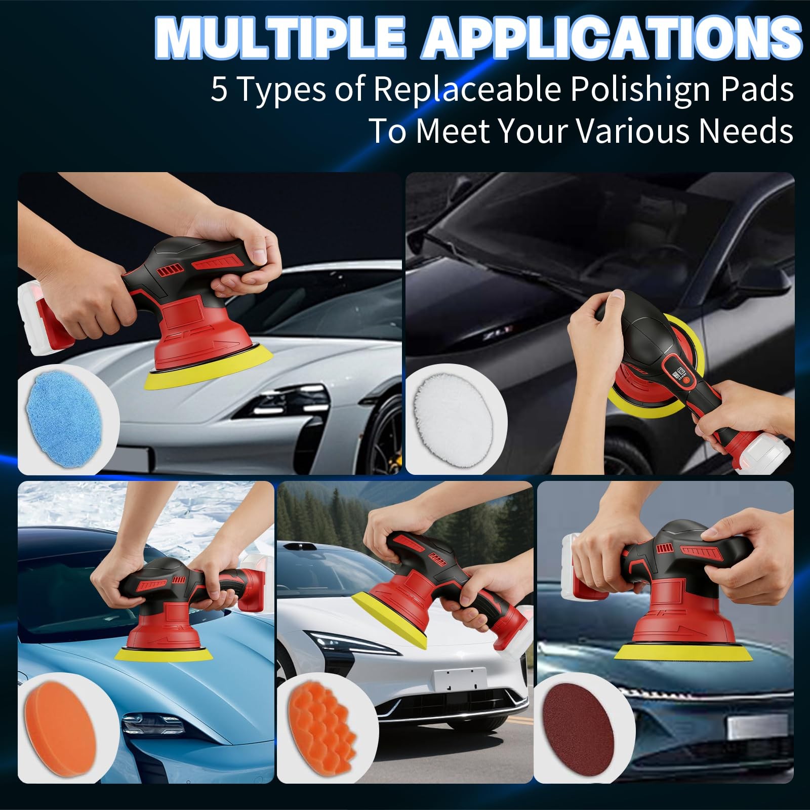 Updated Cordless Car Buffer Polisher Kit, 6 Inch Car Buffer with 8-Speed Orbi…