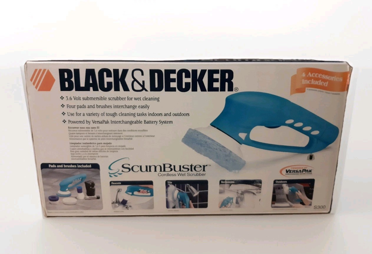 VTG. Black & Decker ScumBuster Cordless Wet Scrubber w/4 Accesories & 4 Pads New