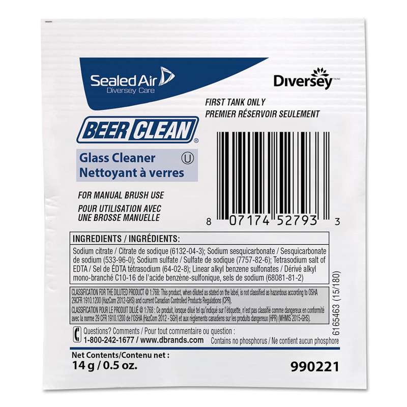 Diversey Beer Clean Glass Cleaner, Powder, .5oz Packet, 100/Carton