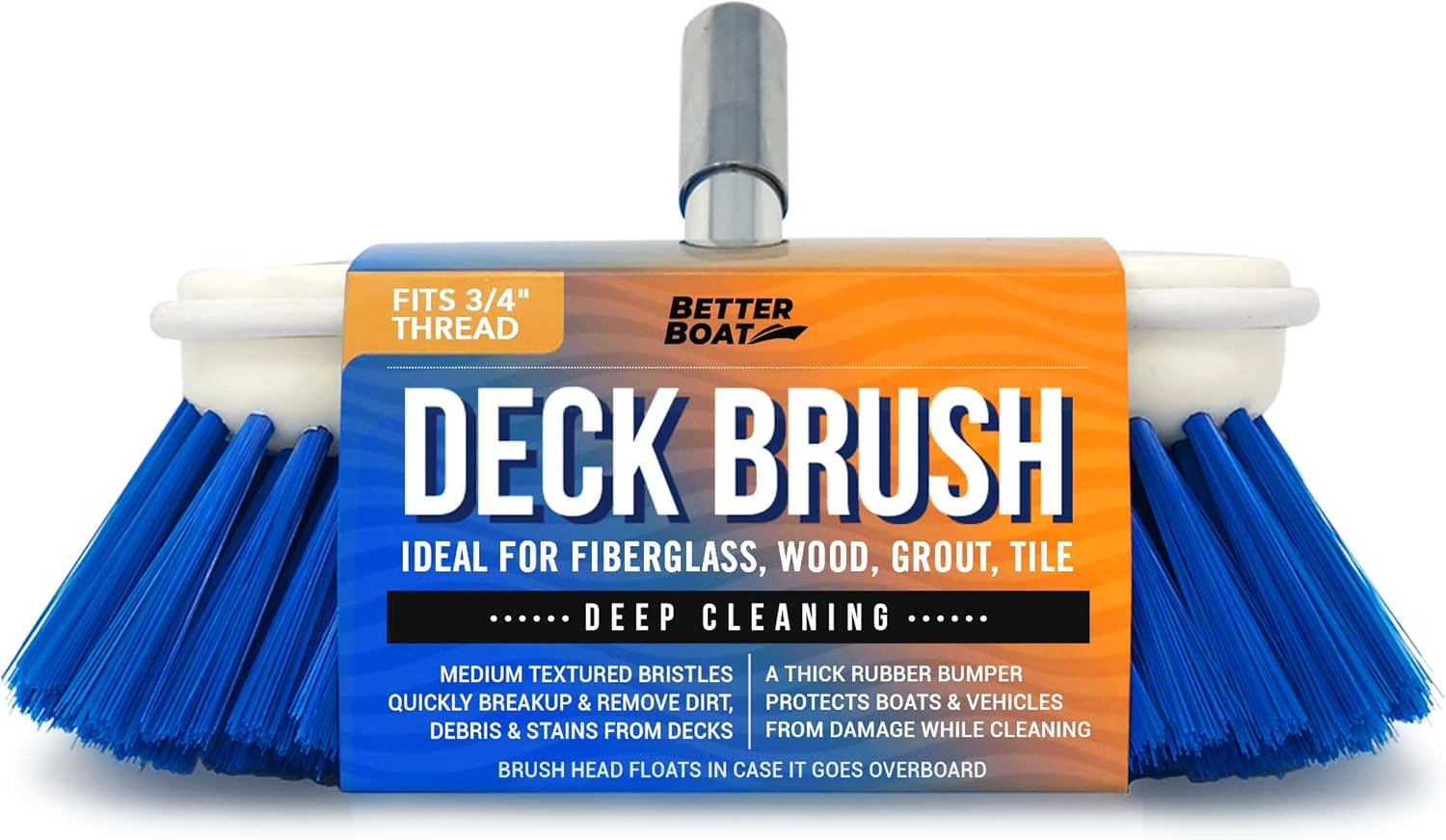 Medium Boat Deck Brush, Heavy-Duty Marine Brush Head, 8″ Bristle with Bumper, 3/