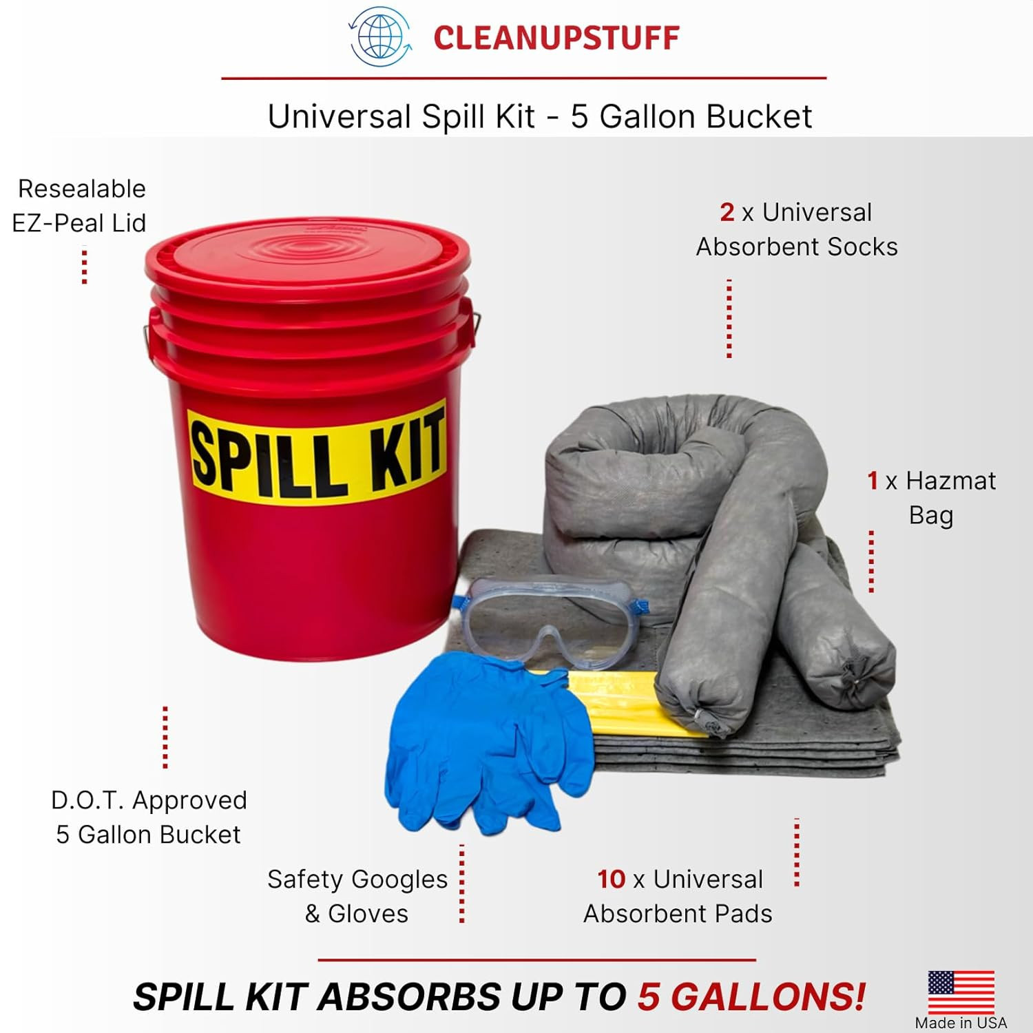Original Bucket Spill Kit – Universal Absorbents & 5-Gallon Red Bucket – Spill P
