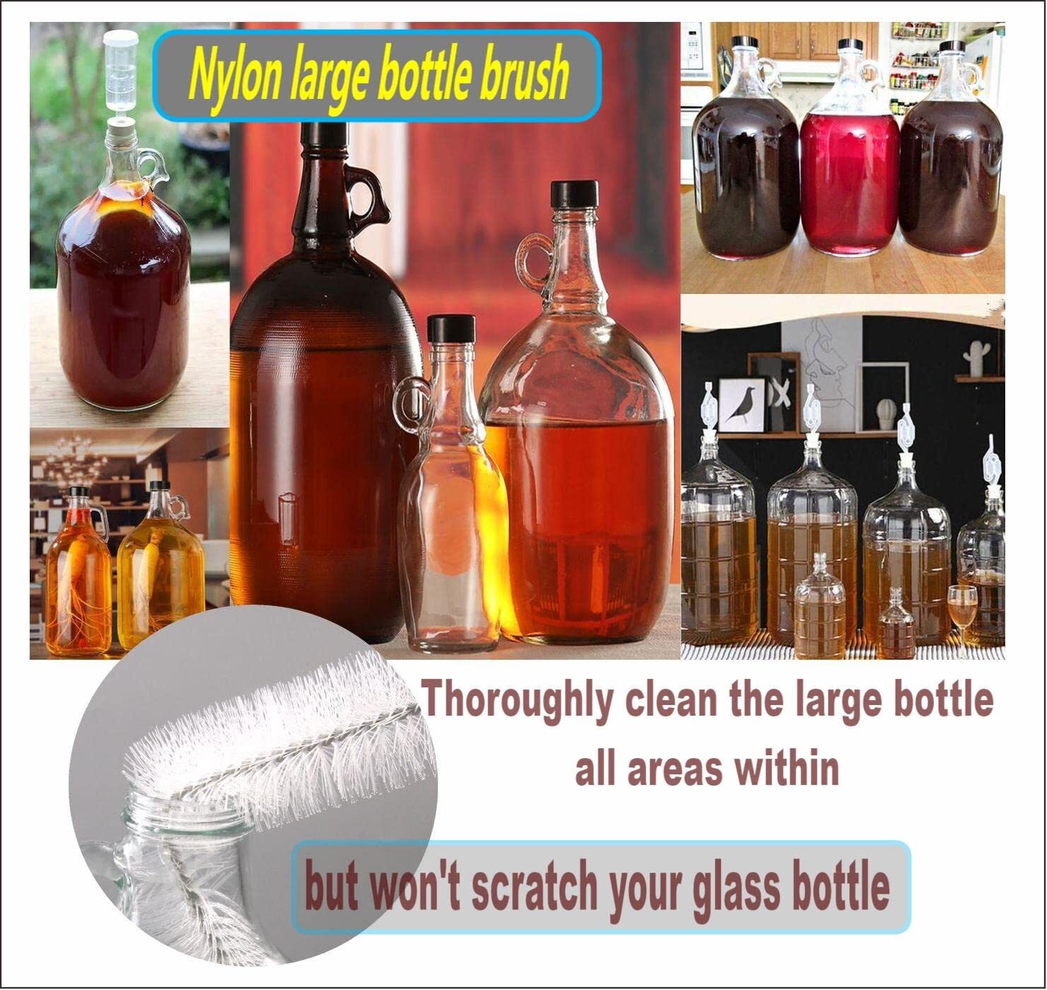 Carboy Brush Cleaning 2 Piece 30 Inch Nylon Brushes And Stainless Steel Extended