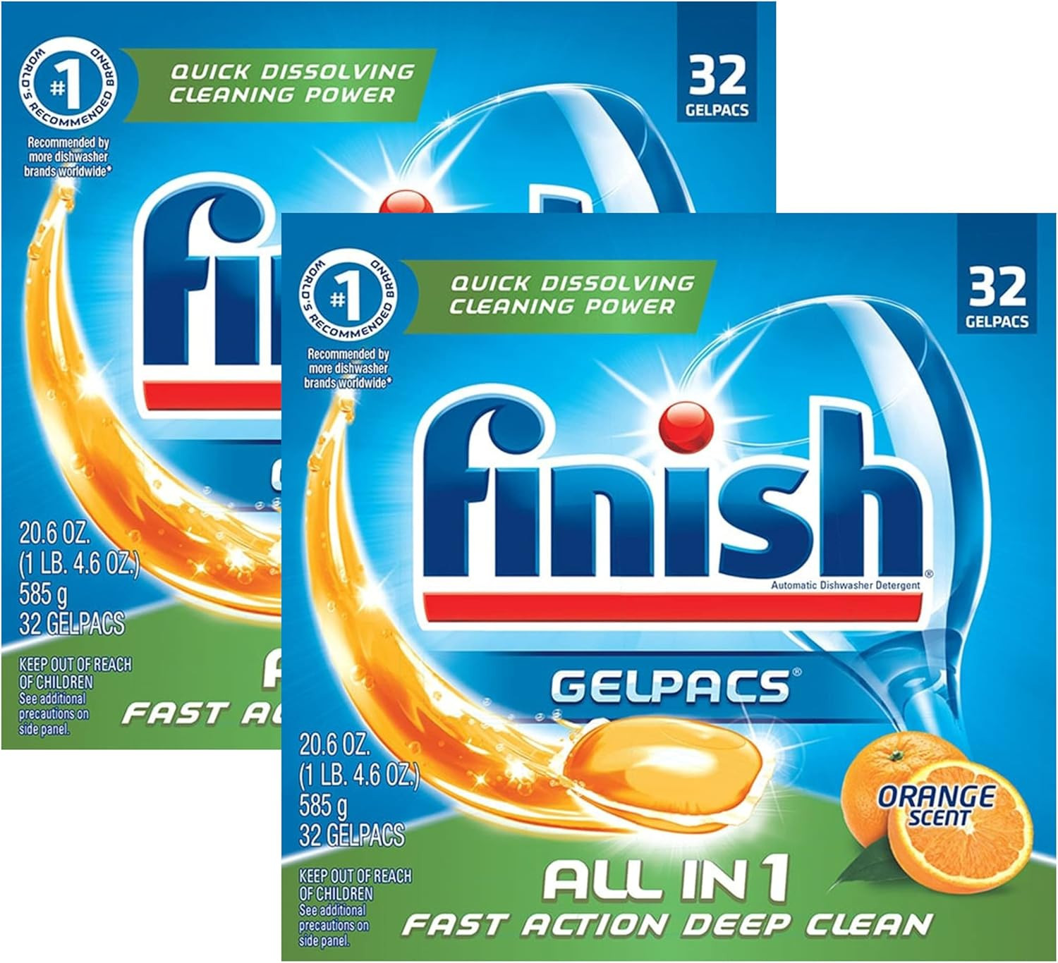 All in 1 Gelpacs, Dishwasher Detergent Tablets, Orange, 32 Count (Pack of 2)