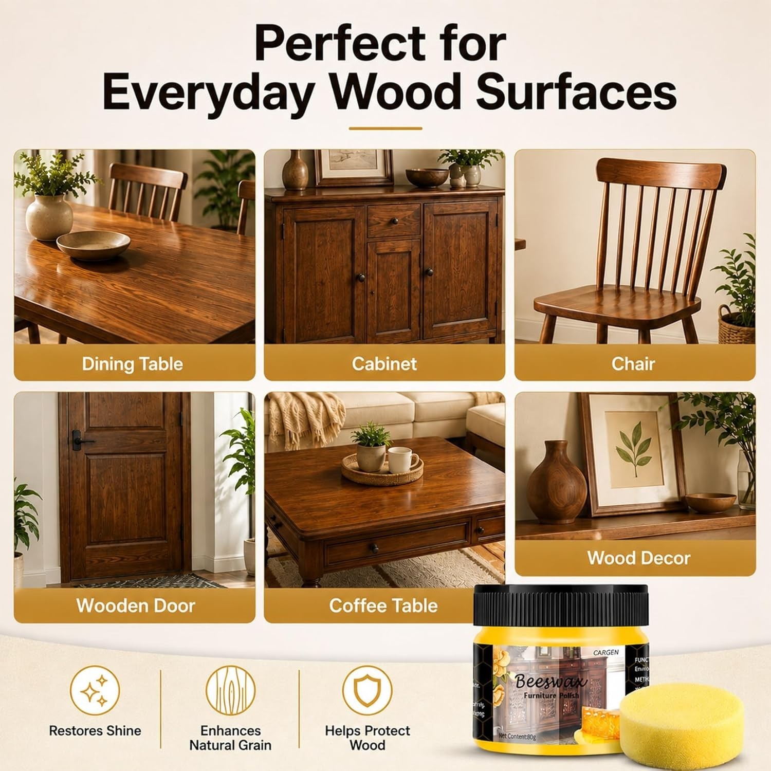 Beeswax Wood Polish – Restore and Enhance Shine for Antique Furniture, 3PC Set