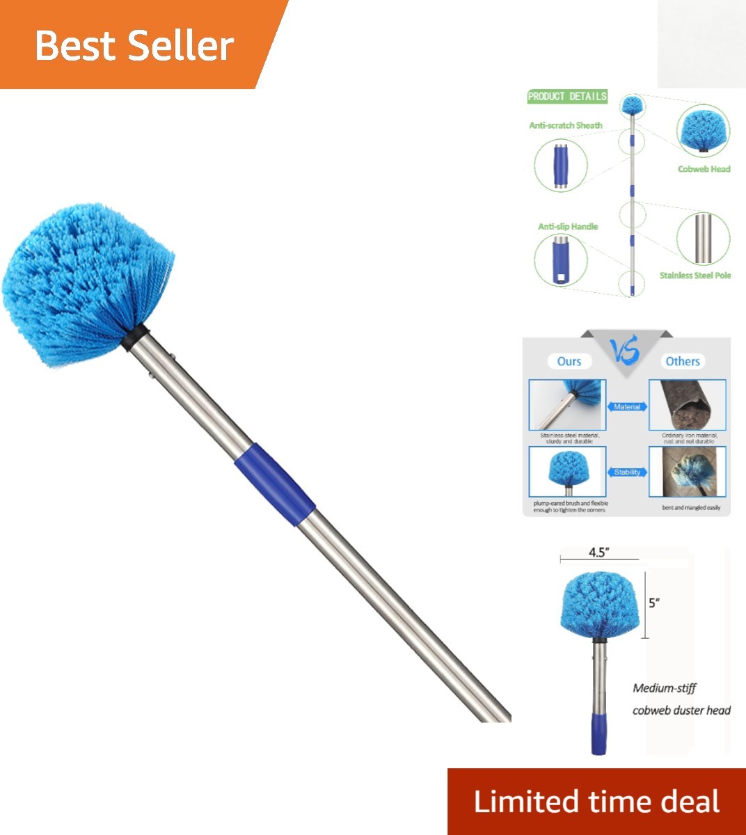 Bendable 8FT Cobweb Cleaner with Extendable Pole for Indoor and Outdoor Use