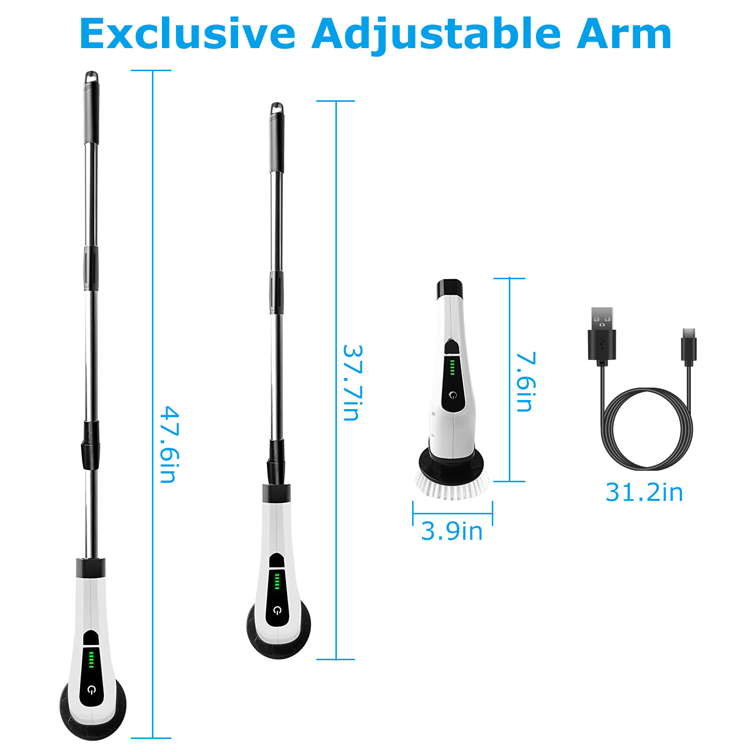 Electric Spin Scrubber Cordless Cleaning Brush w/Telescopic Arm 8 Heads 2 Speeds