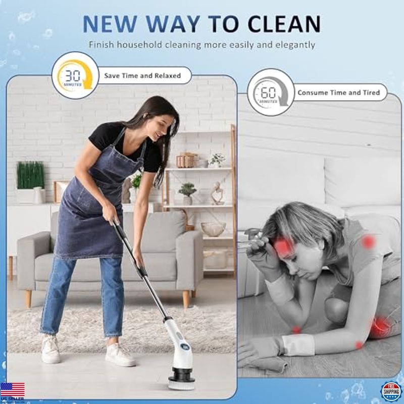 Electric Spin Scrubber with Long Handle, 7 Brush Heads, Waterproof, 2 Speeds