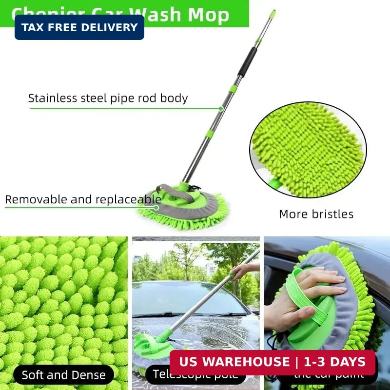 62″ Car Wash Brush Kit Mitt Mop Sponge with Long Handle, Chenille Microfiber Car