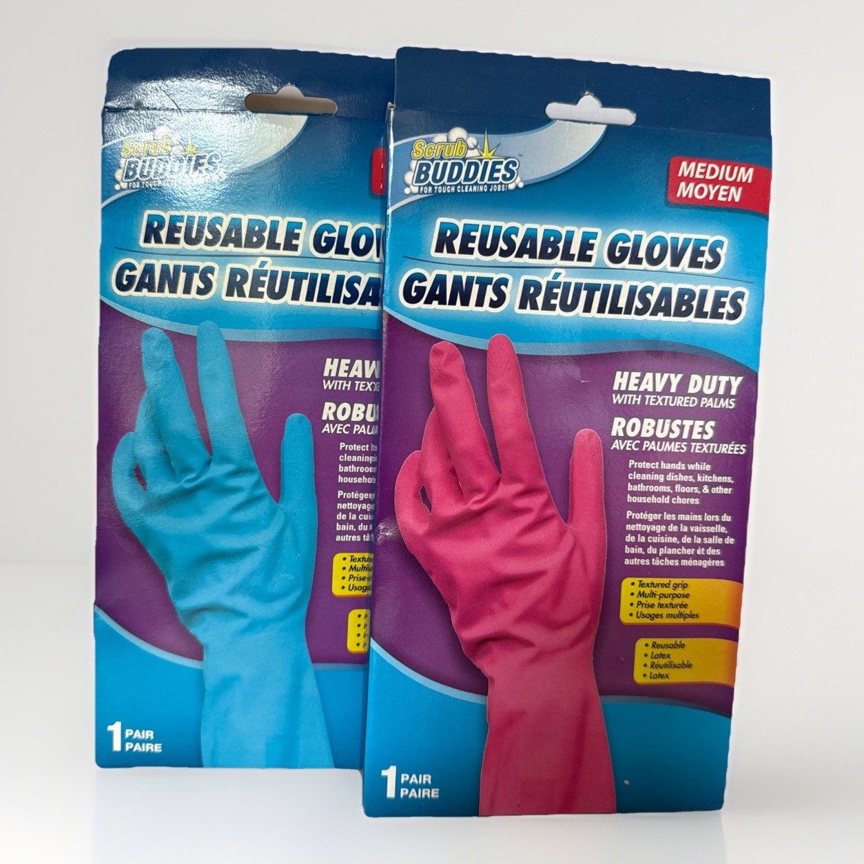 2 Pairs Clean Scrub Buddies Long-Cuff Reusable Medium Latex Gloves Blue Pink