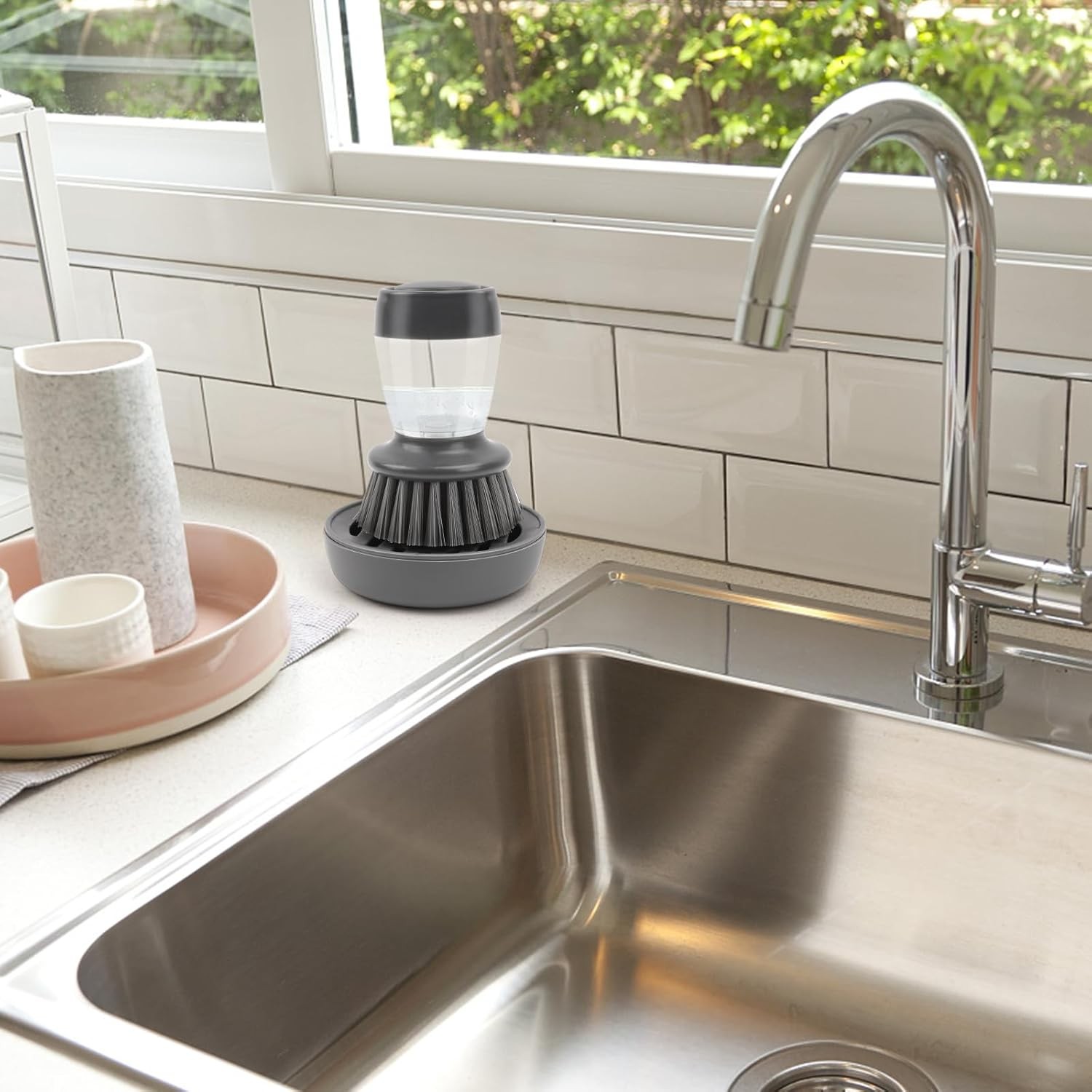 Soap Dispensing Palm Kitchen Brush with Holder and Cleaning Storage Set