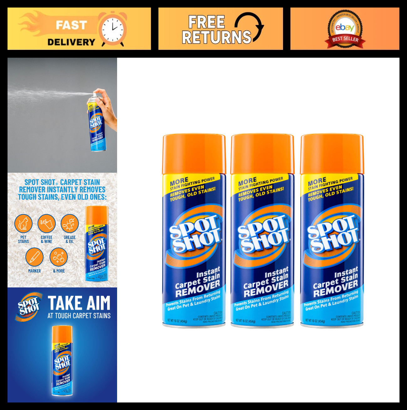 Instant Carpet Stain Remover 16 OZ – Powerful Spot Cleaner, 3-Pack for Tough Sta