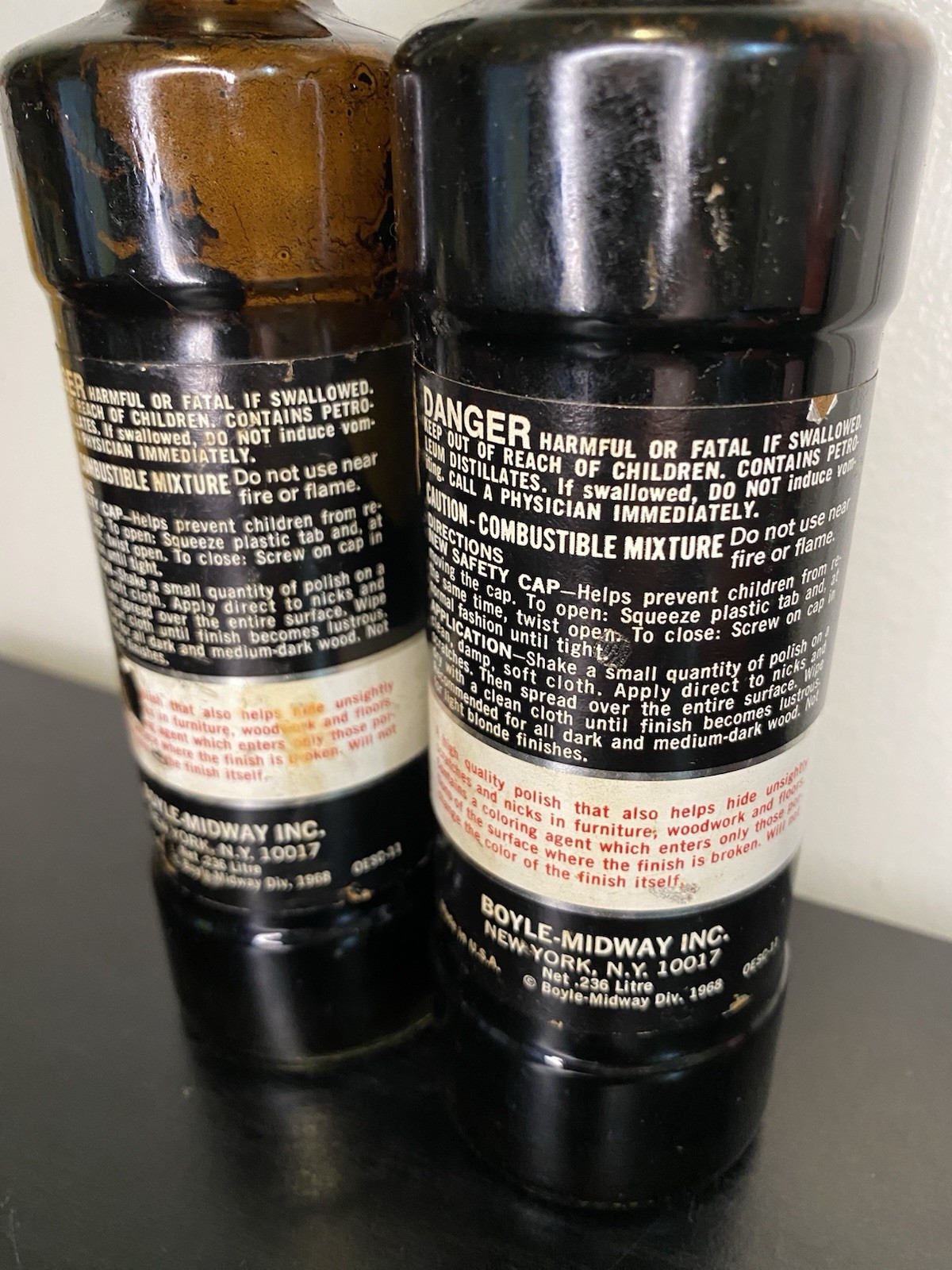 1968 2 Bottles Genuine Old English Furniture Polish Scratch Cover Vintage Open