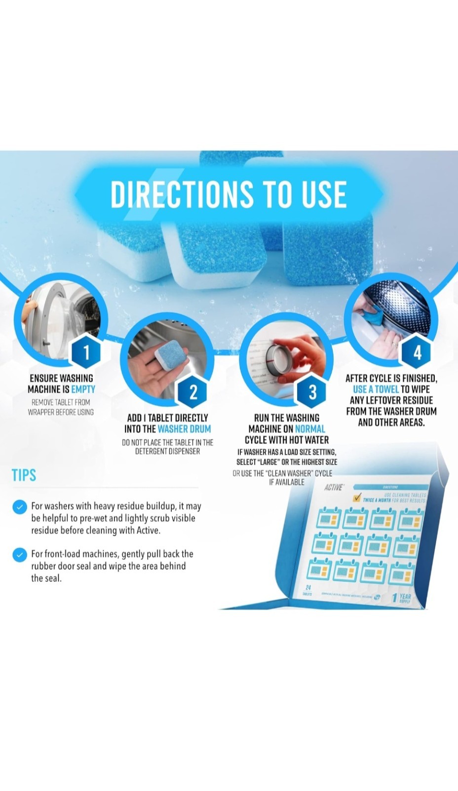 Active Washing Machine Cleaner and Descaler Tablets for HE Front and Top Loaders