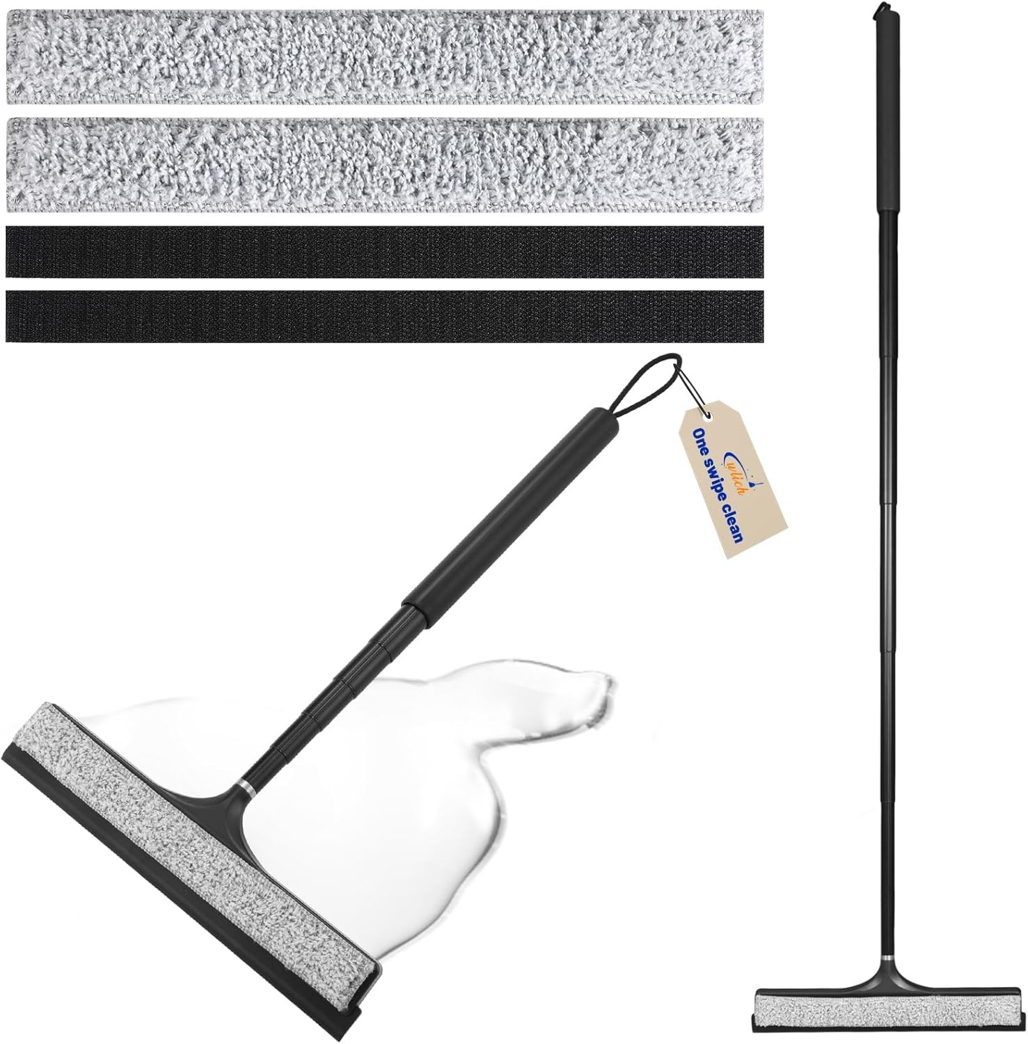 Shower Squeegee with Long Handle,Includes Replaceable and Washable Cloth Pads