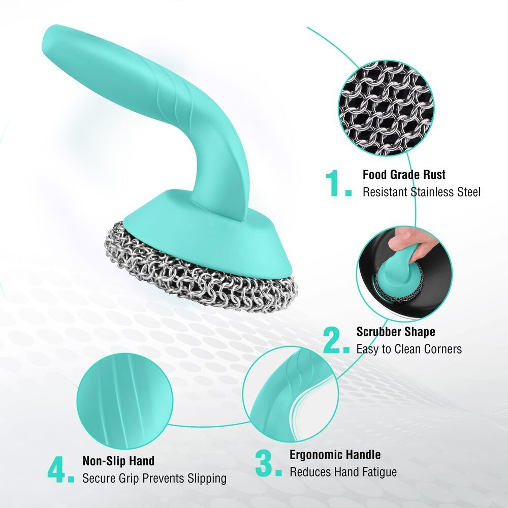 HAUSHOF Cast Iron Scrubber with Long Handle Kitchen Cleaning Kit for Grill Oven