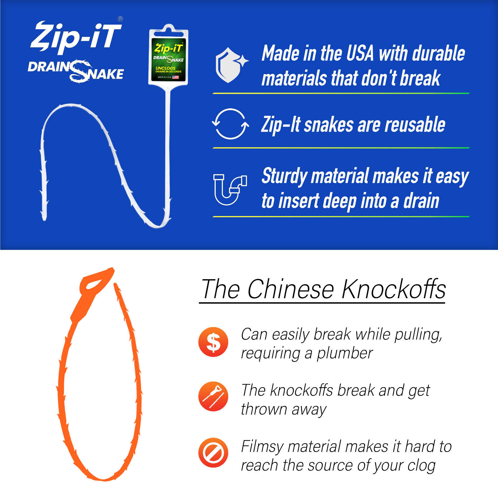 ZIP IT DRAIN CLEANER, 3-Pack Plastic Drain Stick Hair Clog Remover, drain snake