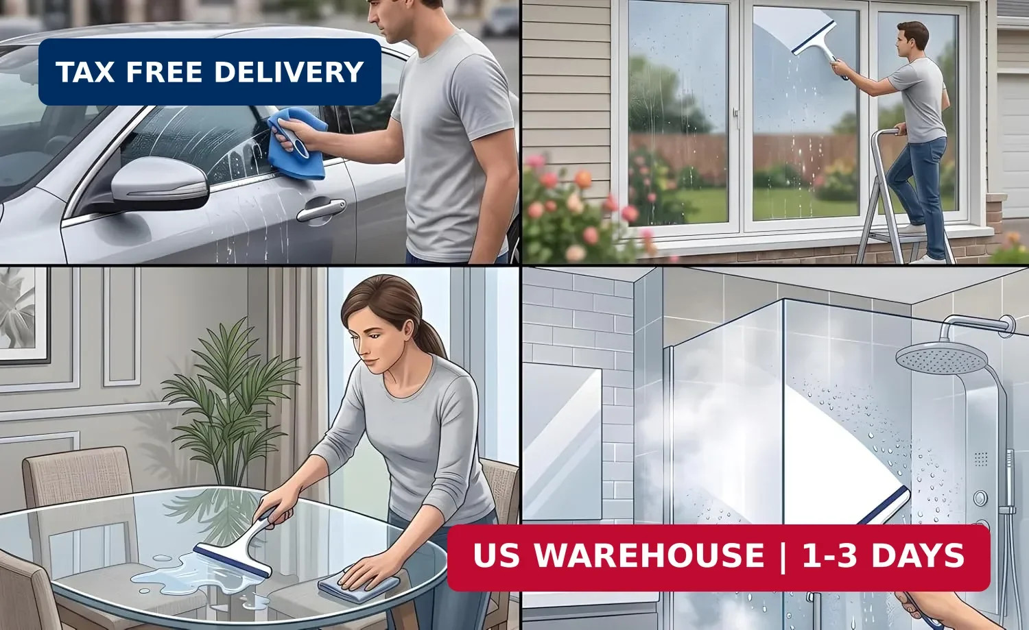 2 Pack Shower Squeegee for Glass Doors – 9.5″ Silicone Blade Window Cleaner Tool