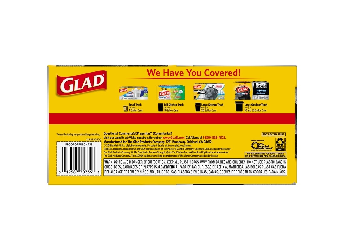 GLAD 70359 Trash Bags ForceFlex Plus 30 gal Drawstring 25 pk 0.9 mil Black