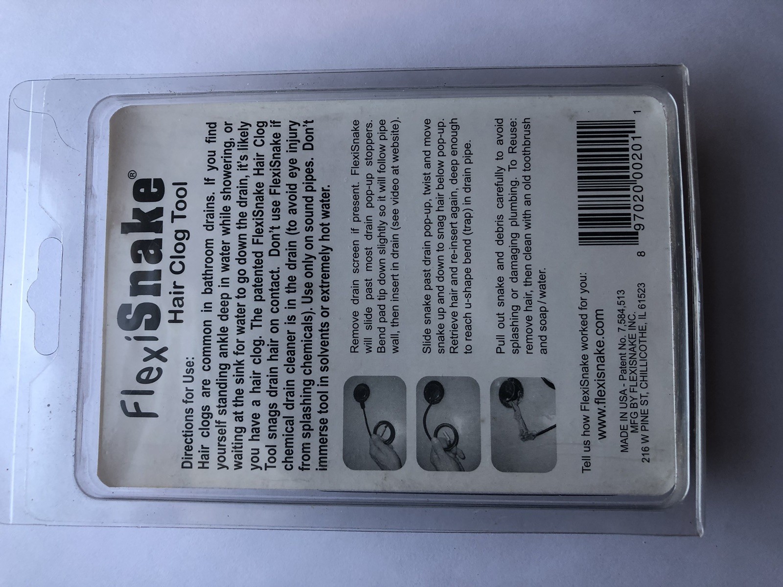 FlexiSnake Drain Hair Clog Tool 1 PAK for Bathroom Drains LARGE SIZE MADE IN USA