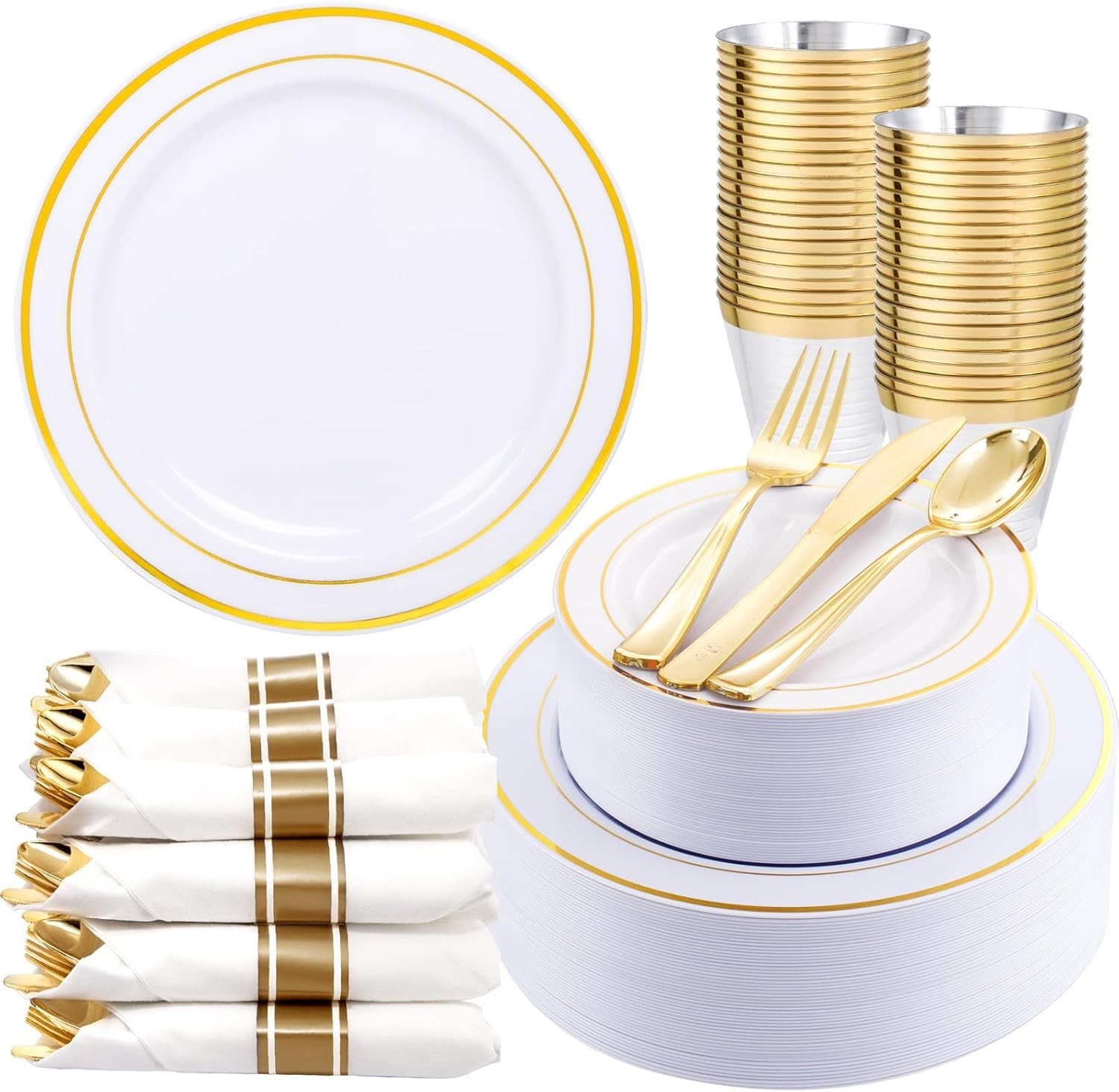 WDF Partyware 350Piece Gold Dinnerware Set for 50 Guests – Gold Plastic Plates