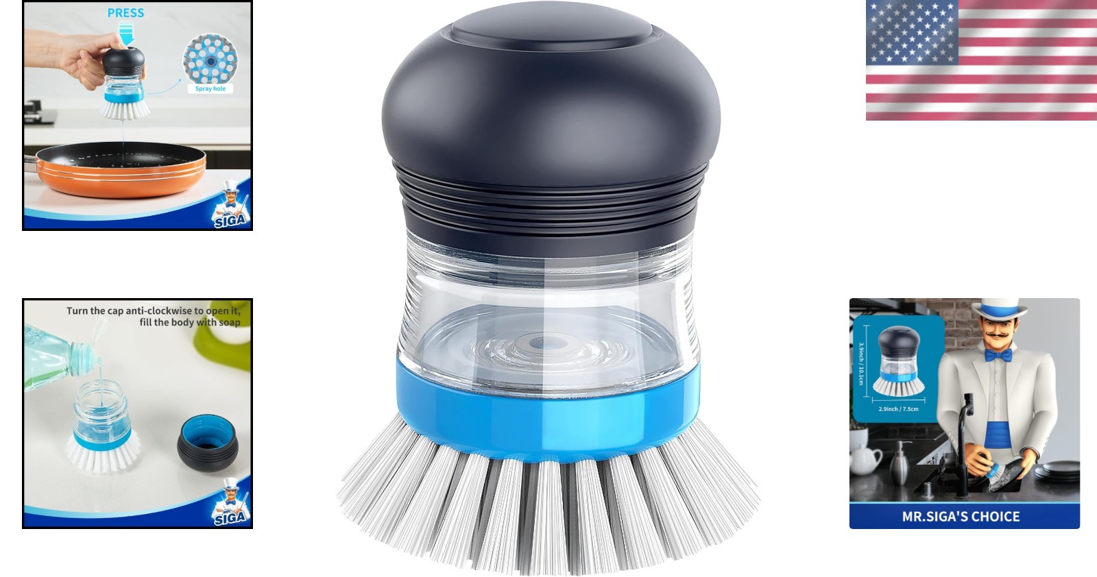 Soap Dispensing Palm Brush Kitchen Scrubber for Dish Pot Sink Cleaning Navy
