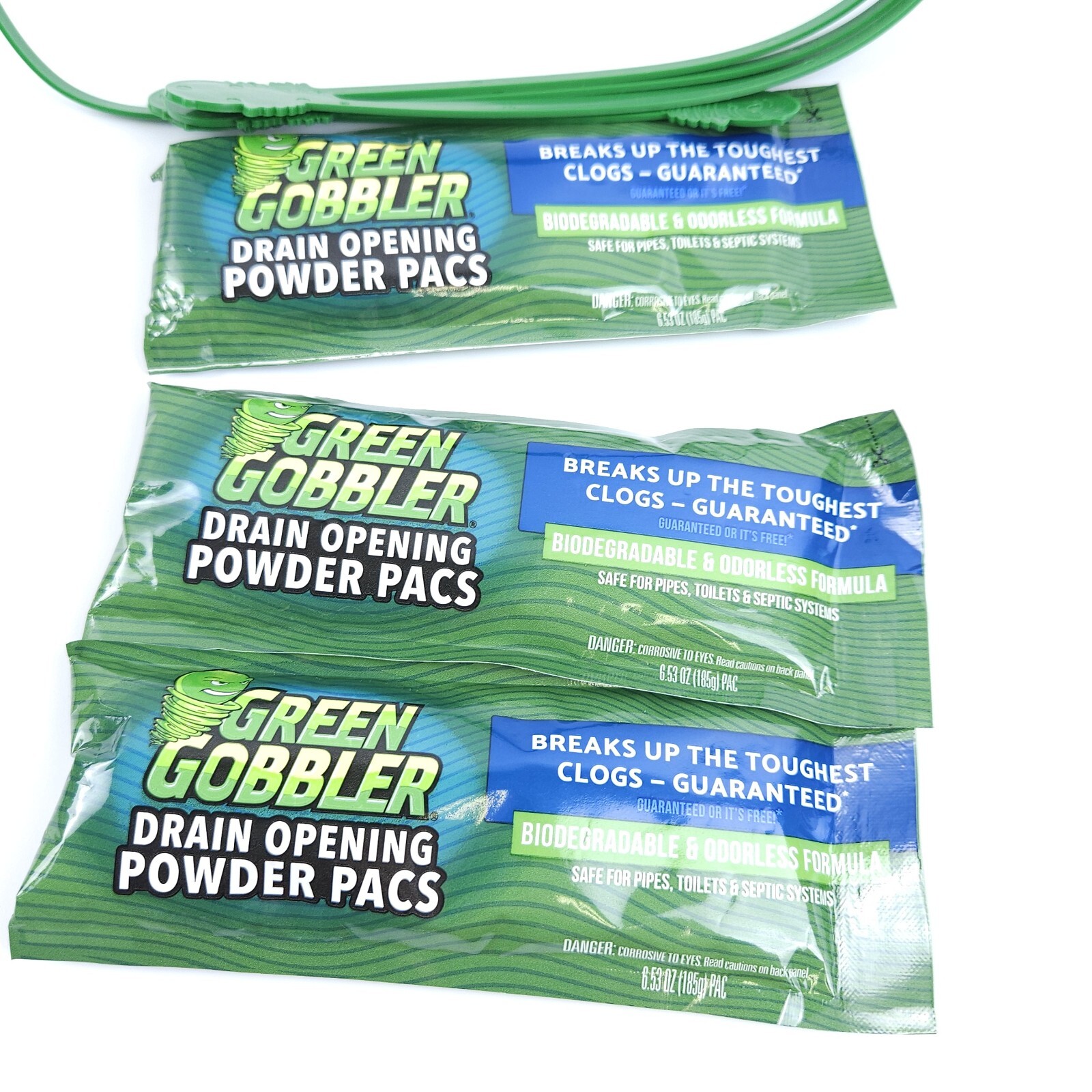 Green Gobbler Drain Clog Remover Powder 3 Packs & 3 Snakes Lime Scented Cleaner